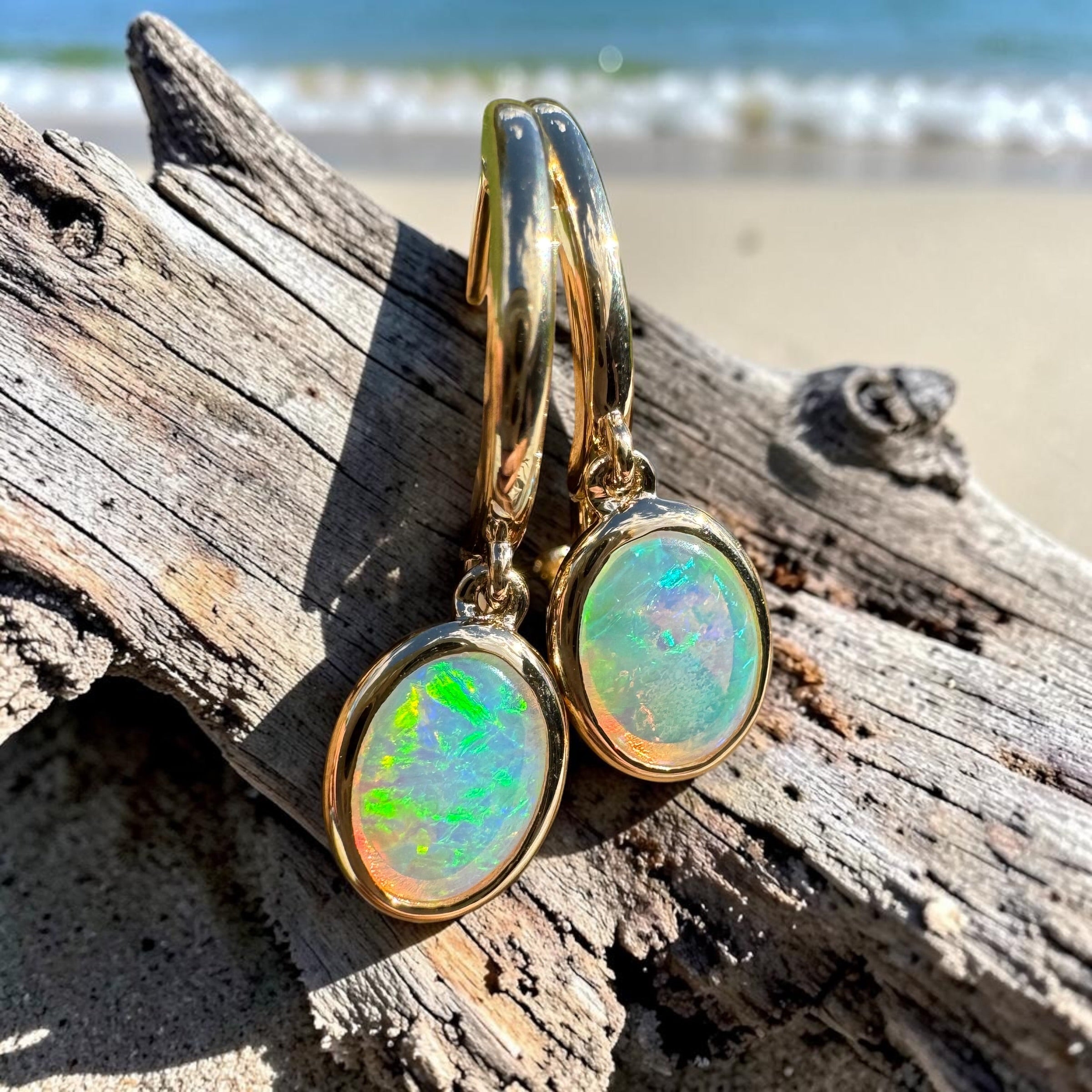 1ct Lightning Ridge Opal Stud Drop Earrings ~ 'Turquoise Bay Drop' | 14ct Yellow Gold | Solid Australian Opal