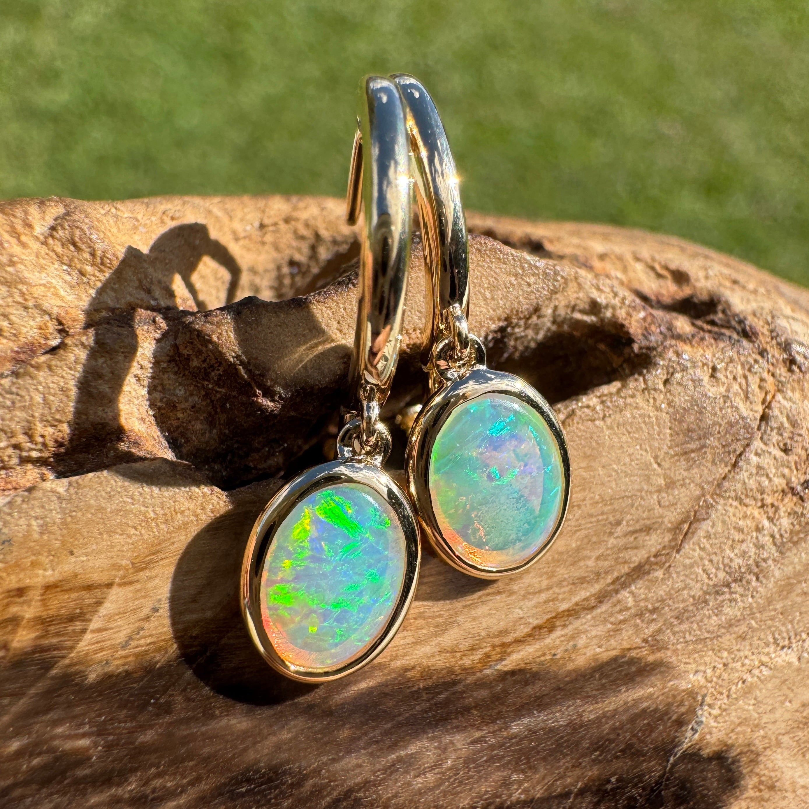 1ct Lightning Ridge Opal Stud Drop Earrings ~ 'Turquoise Bay Drop' | 14ct Yellow Gold | Solid Australian Opal