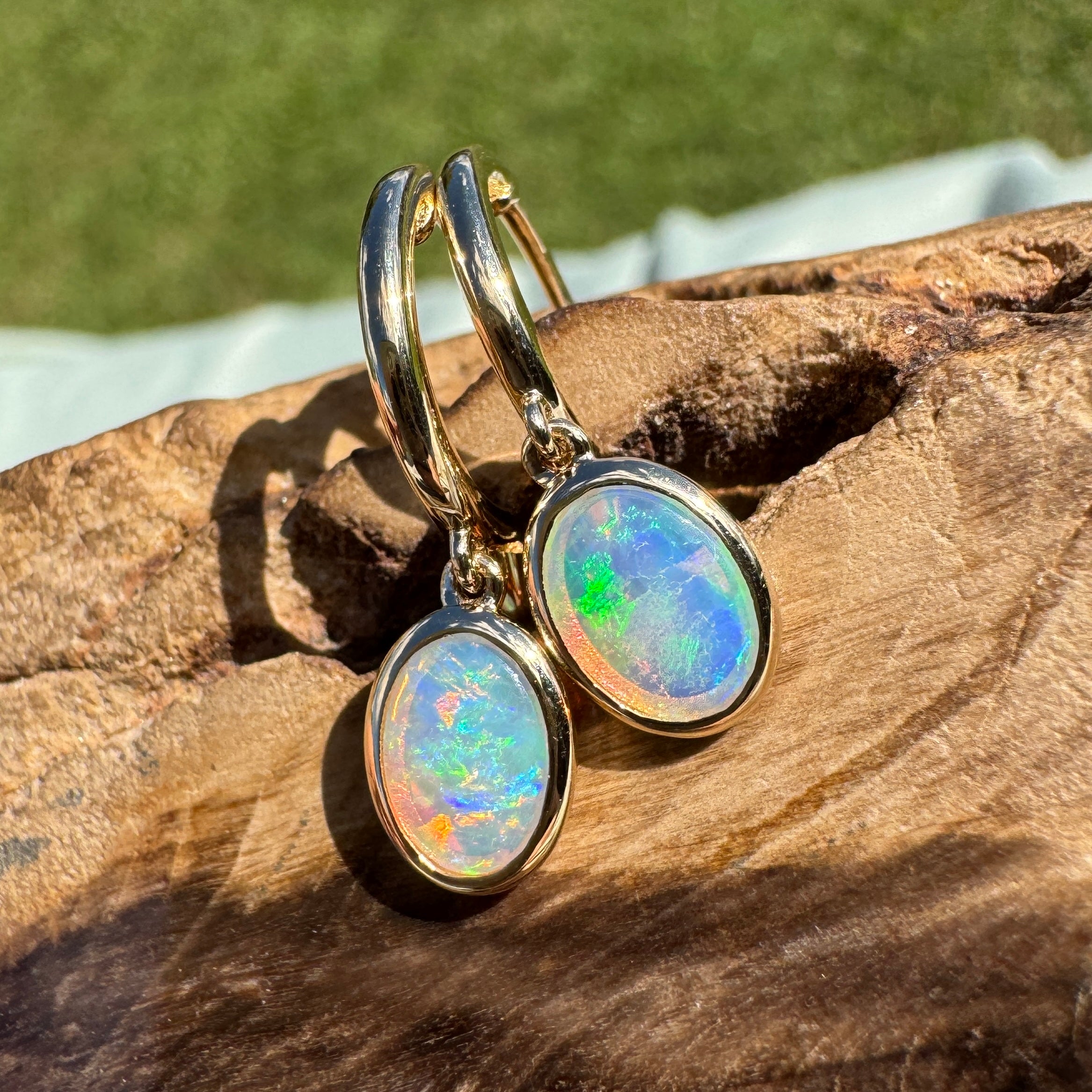 1ct Lightning Ridge Opal Stud Drop Earrings ~ 'Turquoise Bay Drop' | 14ct Yellow Gold | Solid Australian Opal