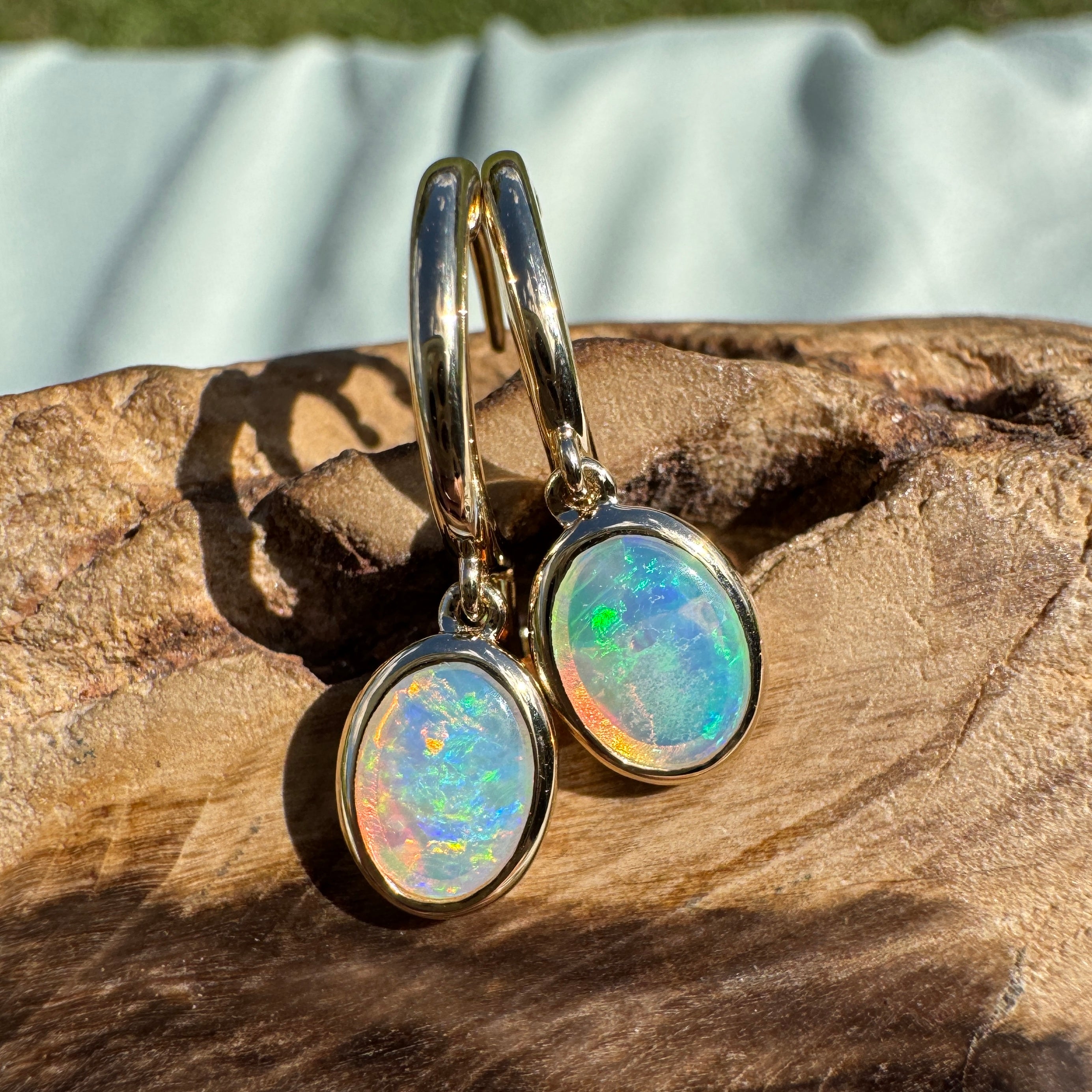 1ct Lightning Ridge Opal Stud Drop Earrings ~ 'Turquoise Bay Drop' | 14ct Yellow Gold | Solid Australian Opal