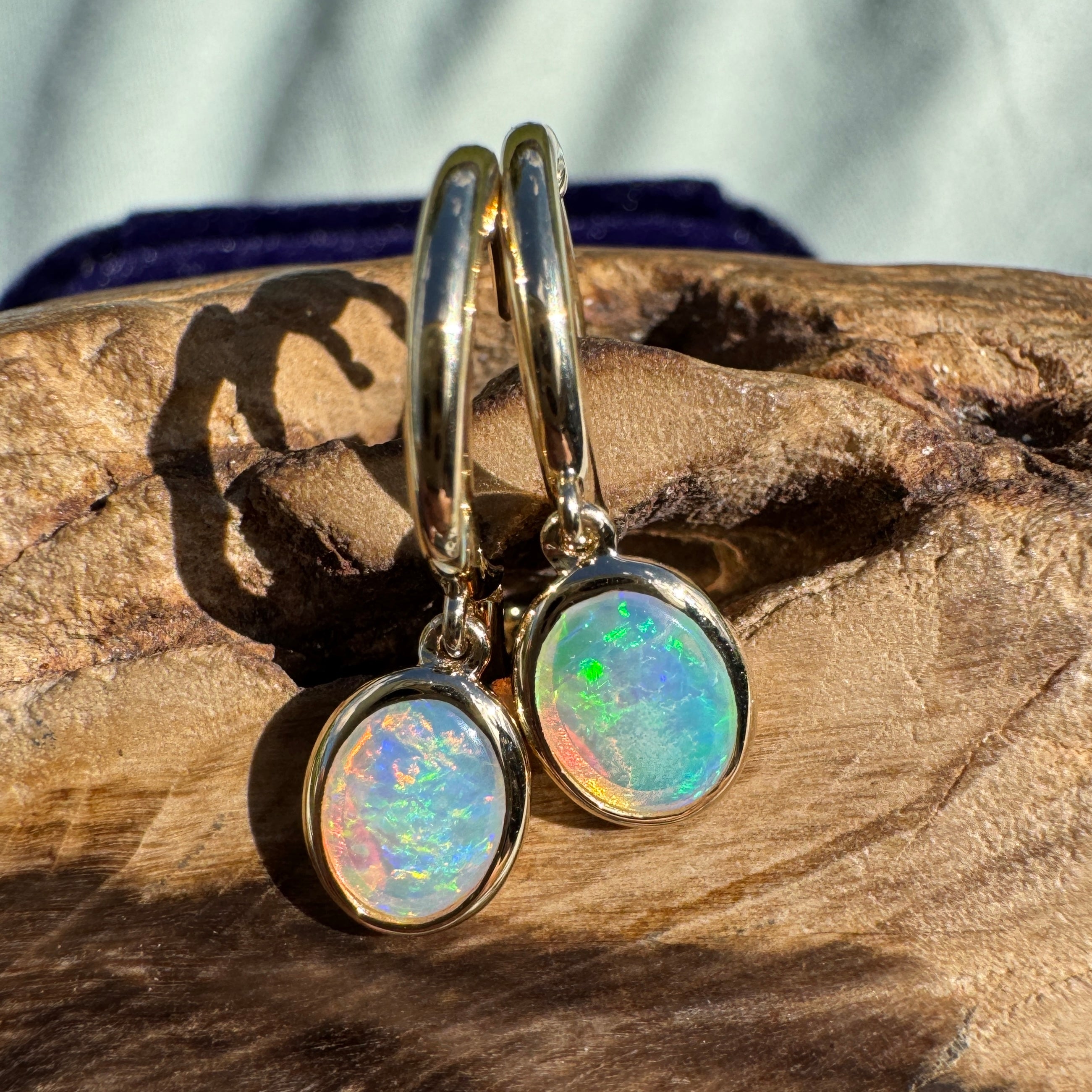 1ct Lightning Ridge Opal Stud Drop Earrings ~ 'Turquoise Bay Drop' | 14ct Yellow Gold | Solid Australian Opal