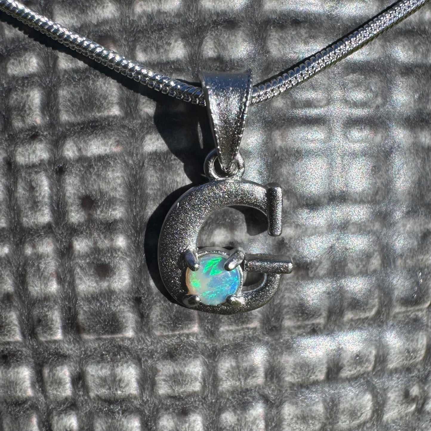 'Gleaming Grace' ~ Handcrafted 0.2ct Solid Lightning Ridge Opal Sterling Silver 'G' Pendant Necklace