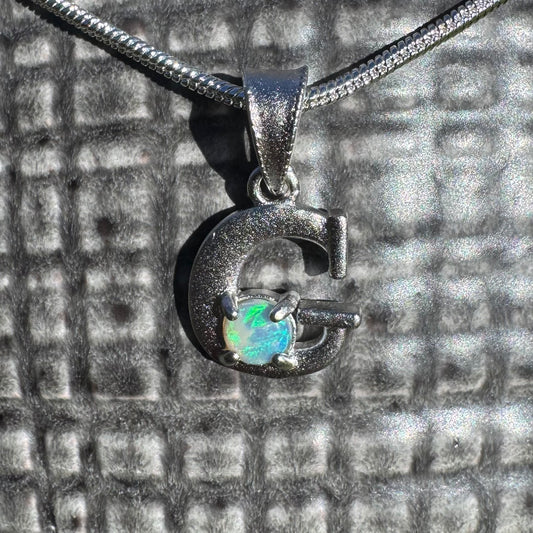 'Gleaming Grace' ~ Handcrafted 0.2ct Solid Lightning Ridge Opal Sterling Silver 'G' Pendant Necklace