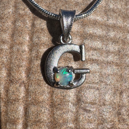 'Gleaming Grace' ~ Handcrafted 0.2ct Solid Lightning Ridge Opal Sterling Silver 'G' Pendant Necklace