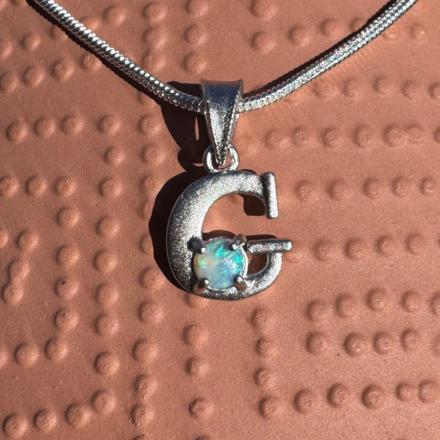 'Gleaming Grace' ~ Handcrafted 0.2ct Solid Lightning Ridge Opal Sterling Silver 'G' Pendant Necklace