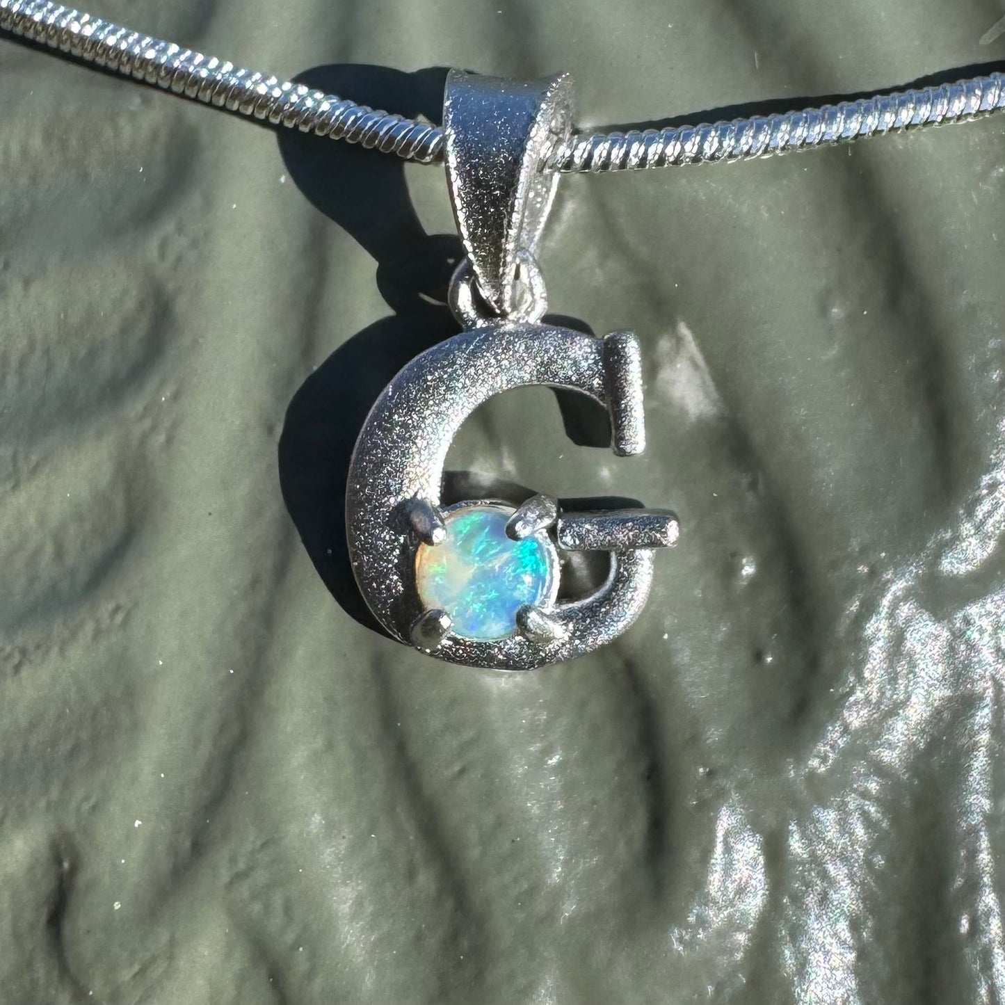 'Gleaming Grace' ~ Handcrafted 0.2ct Solid Lightning Ridge Opal Sterling Silver 'G' Pendant Necklace