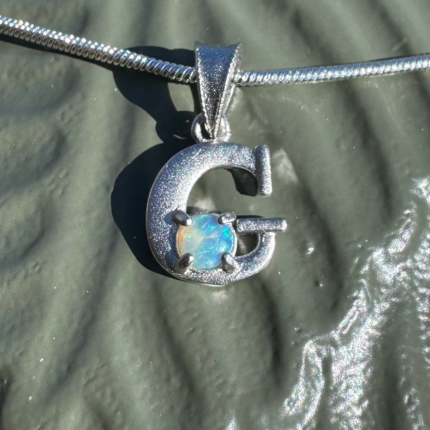 'Gleaming Grace' ~ Handcrafted 0.2ct Solid Lightning Ridge Opal Sterling Silver 'G' Pendant Necklace