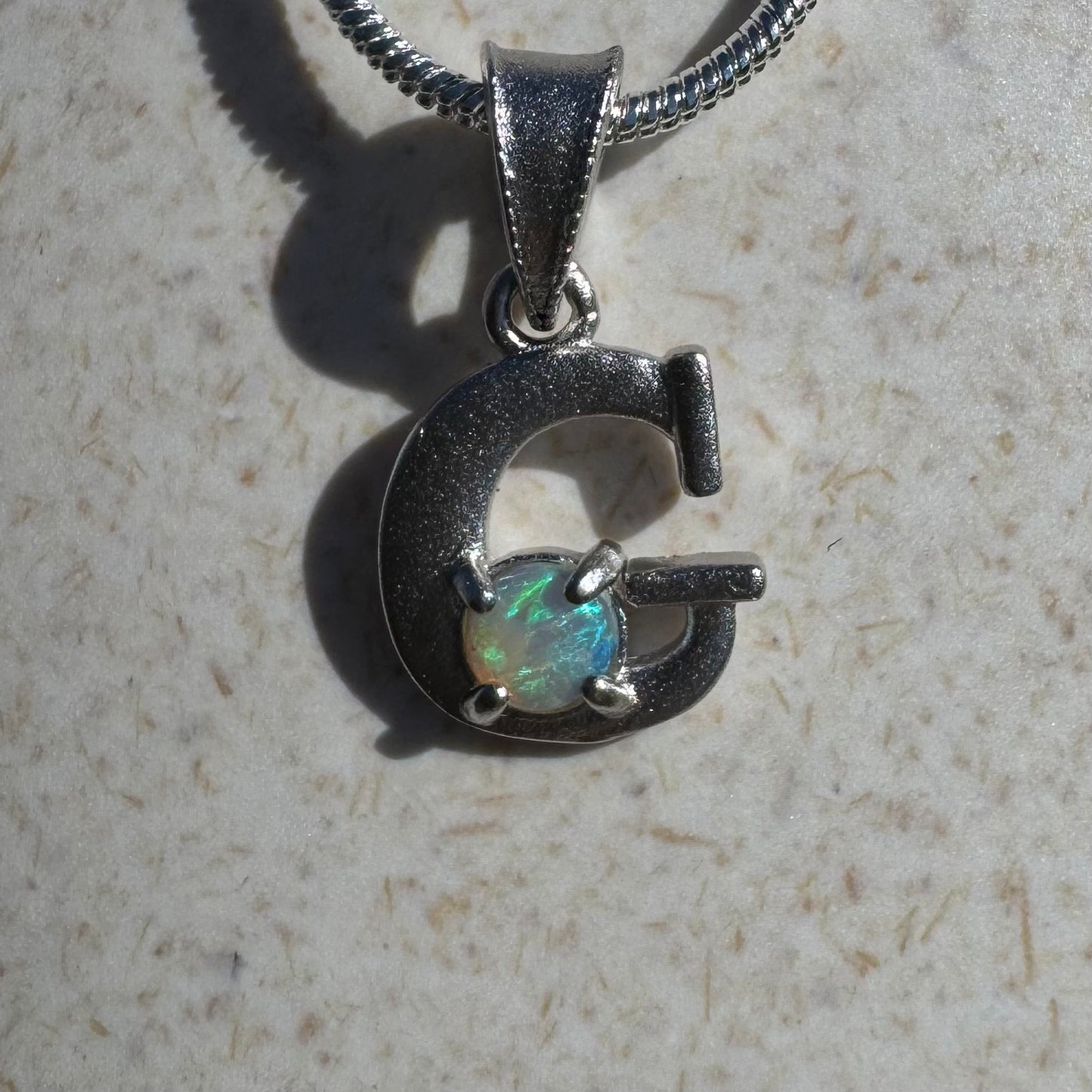 'Gleaming Grace' ~ Handcrafted 0.2ct Solid Lightning Ridge Opal Sterling Silver 'G' Pendant Necklace