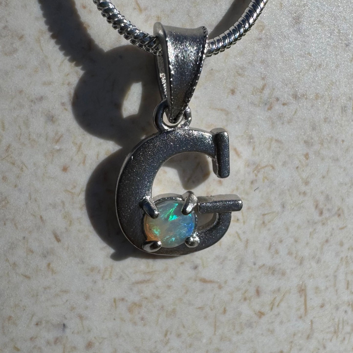 'Gleaming Grace' ~ Handcrafted 0.2ct Solid Lightning Ridge Opal Sterling Silver 'G' Pendant Necklace