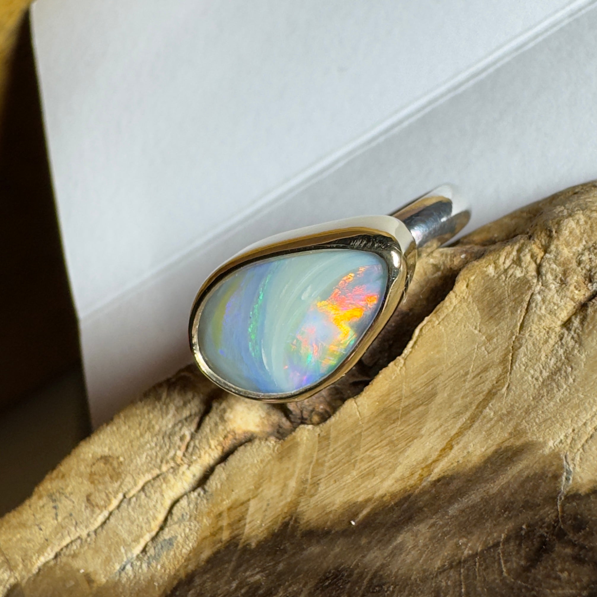 2.8ct Lightning Ridge Semi Black Opal Ring ~ 'Grampians Peak' | Two-Tone 9ct Gold & 925 Sterling Silver | Solid Australian Opal