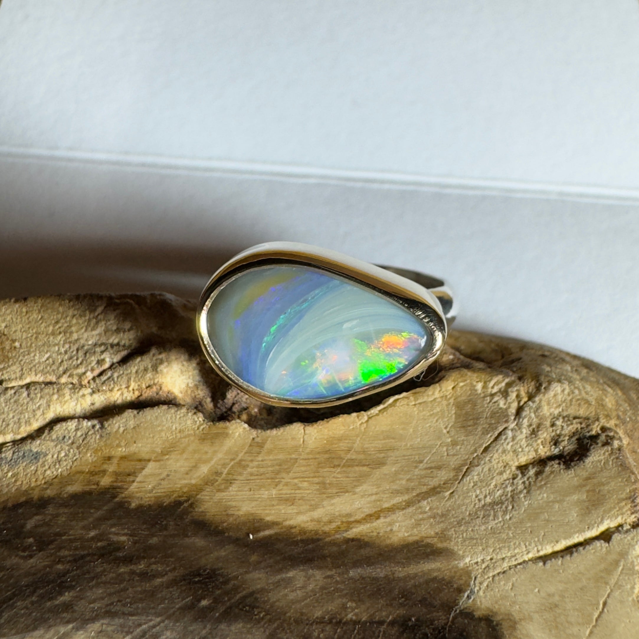2.8ct Lightning Ridge Semi Black Opal Ring ~ 'Grampians Peak' | Two-Tone 9ct Gold & 925 Sterling Silver | Solid Australian Opal
