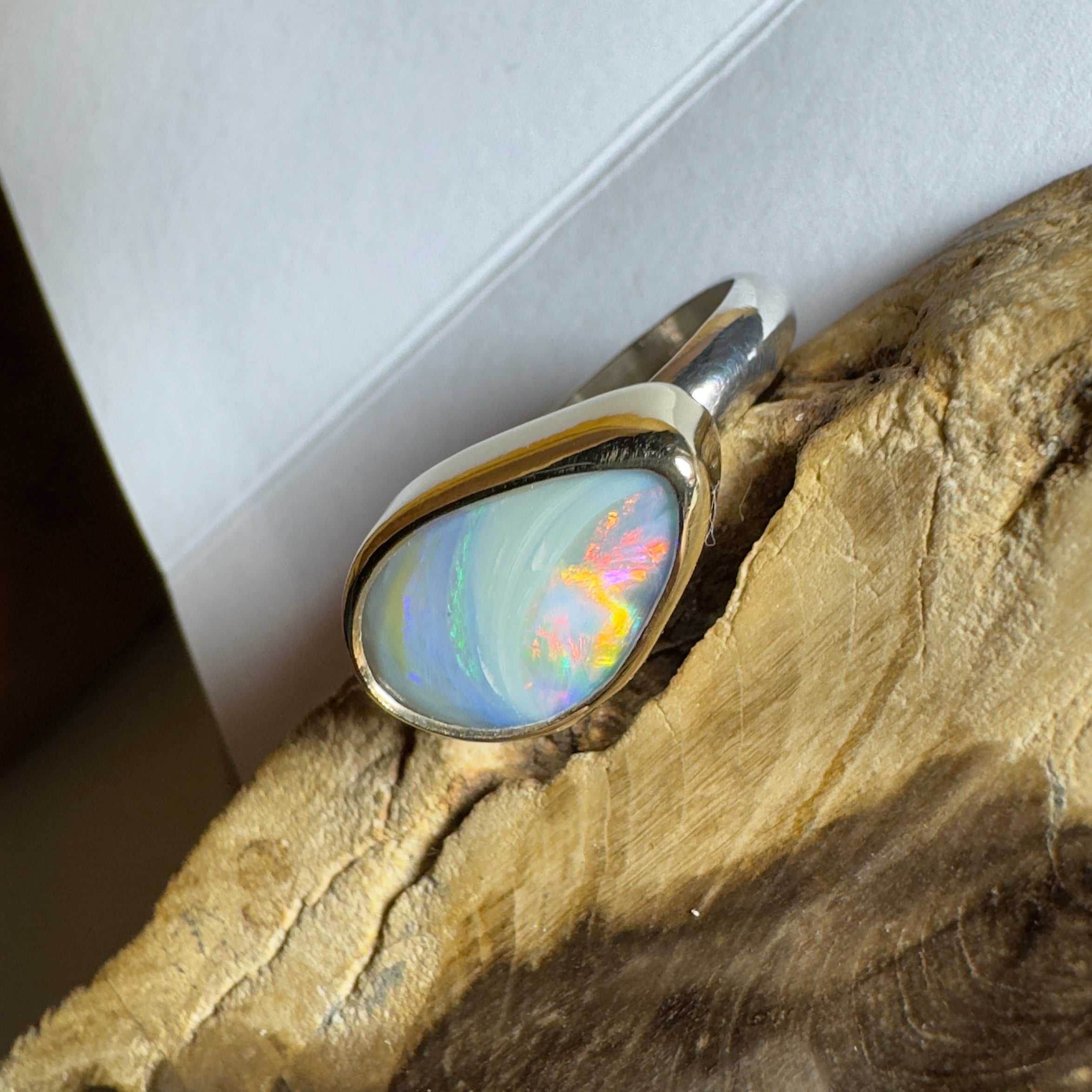 2.8ct Lightning Ridge Semi Black Opal Ring ~ 'Grampians Peak' | Two-Tone 9ct Gold & 925 Sterling Silver | Solid Australian Opal