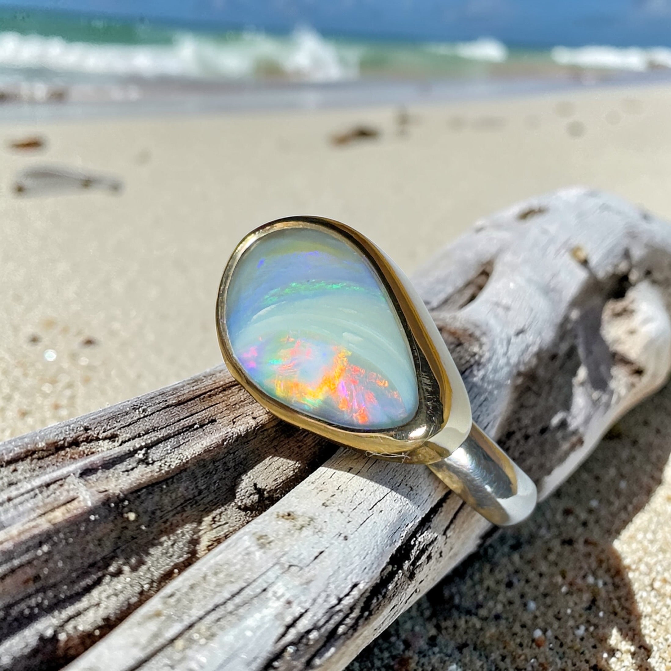 2.8ct Lightning Ridge Semi Black Opal Ring ~ 'Grampians Peak' | Two-Tone 9ct Gold & 925 Sterling Silver | Solid Australian Opal