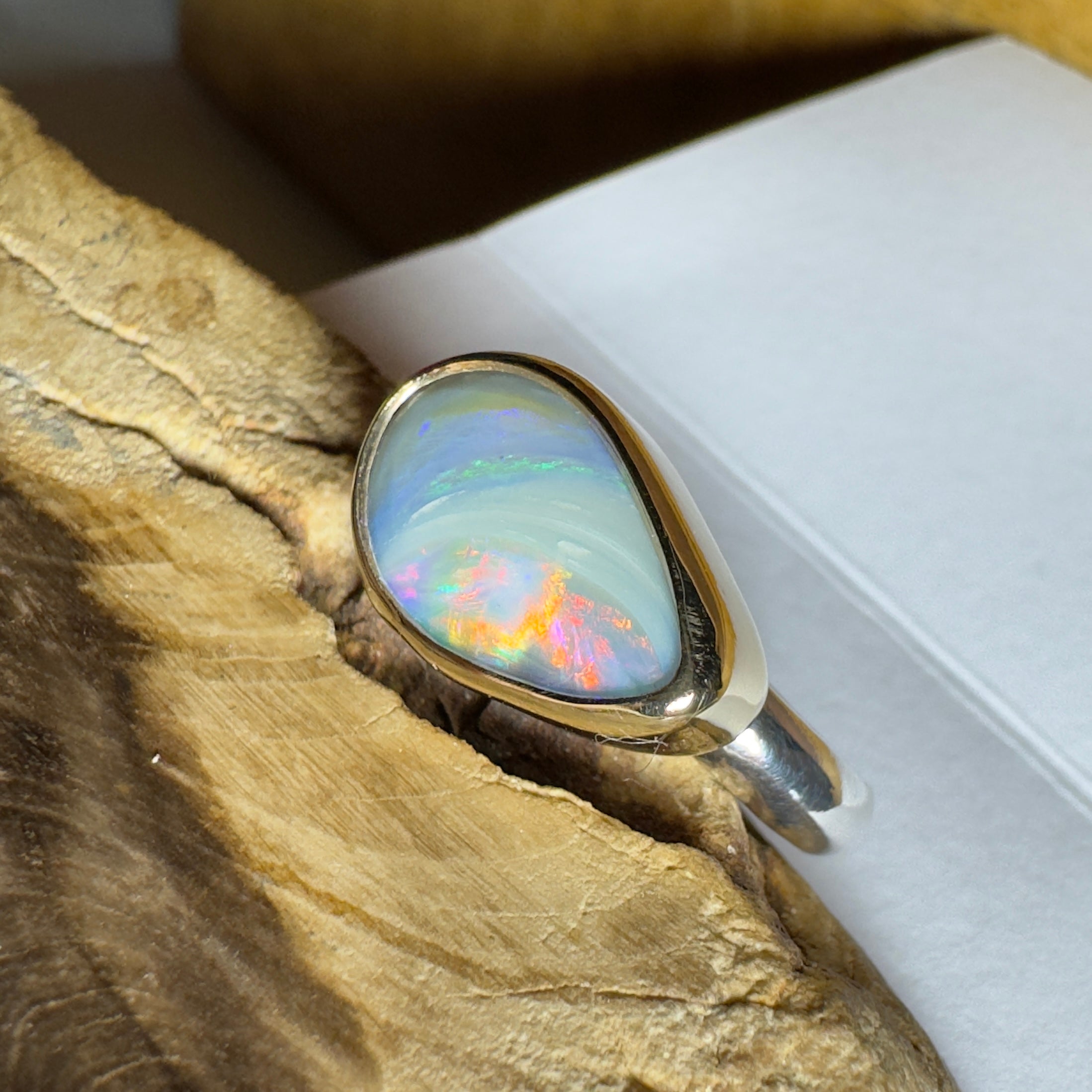 2.8ct Lightning Ridge Semi Black Opal Ring ~ 'Grampians Peak' | Two-Tone 9ct Gold & 925 Sterling Silver | Solid Australian Opal