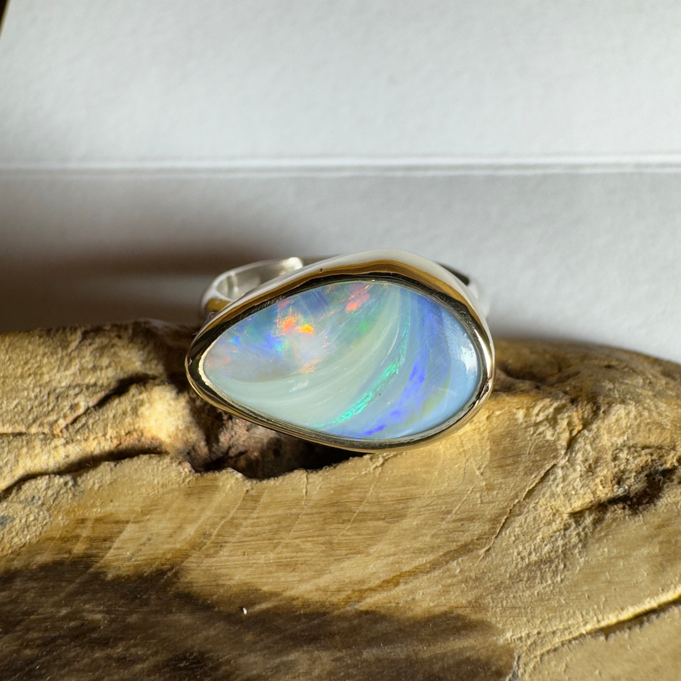 2.8ct Lightning Ridge Semi Black Opal Ring ~ 'Grampians Peak' | Two-Tone 9ct Gold & 925 Sterling Silver | Solid Australian Opal