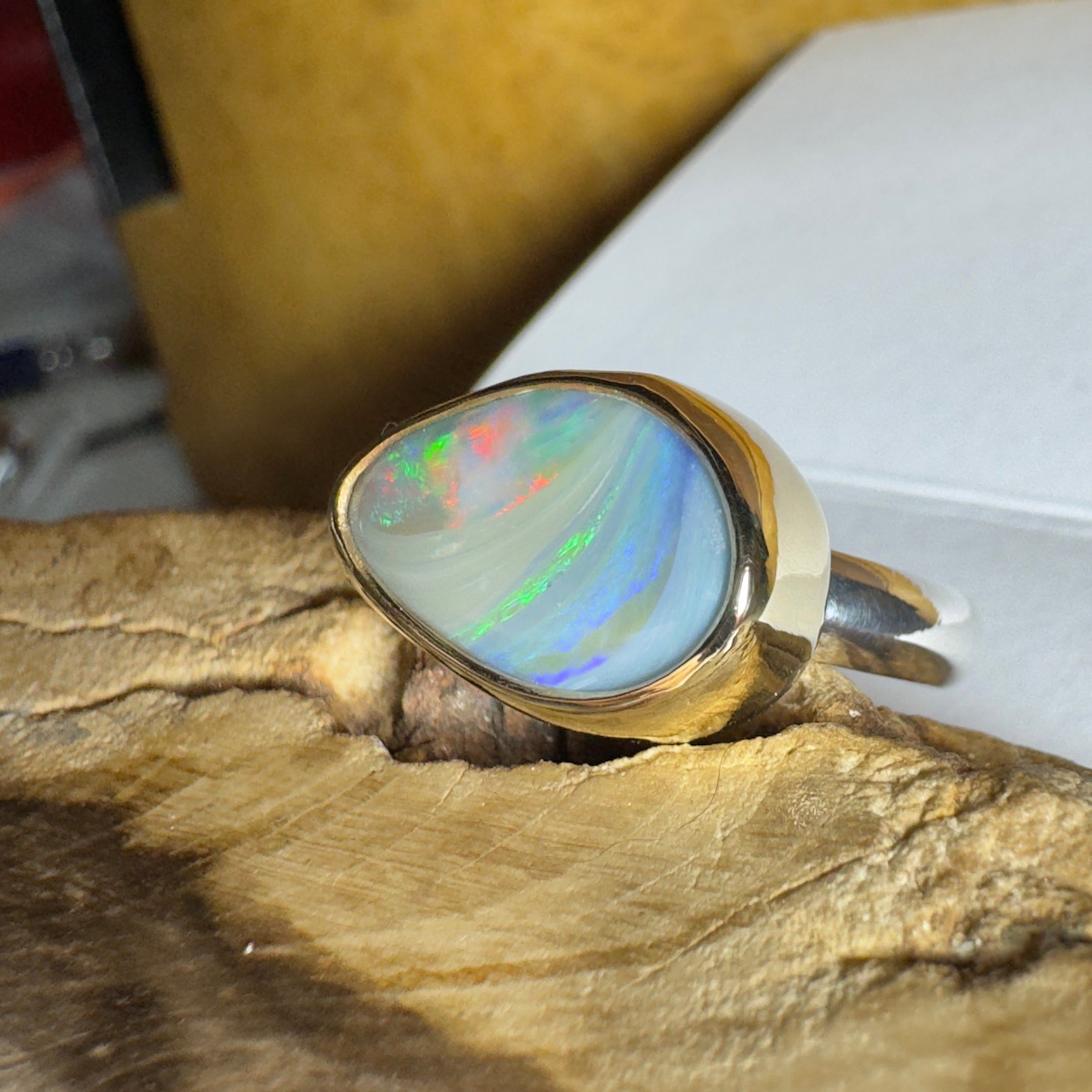 2.8ct Lightning Ridge Semi Black Opal Ring ~ 'Grampians Peak' | Two-Tone 9ct Gold & 925 Sterling Silver | Solid Australian Opal