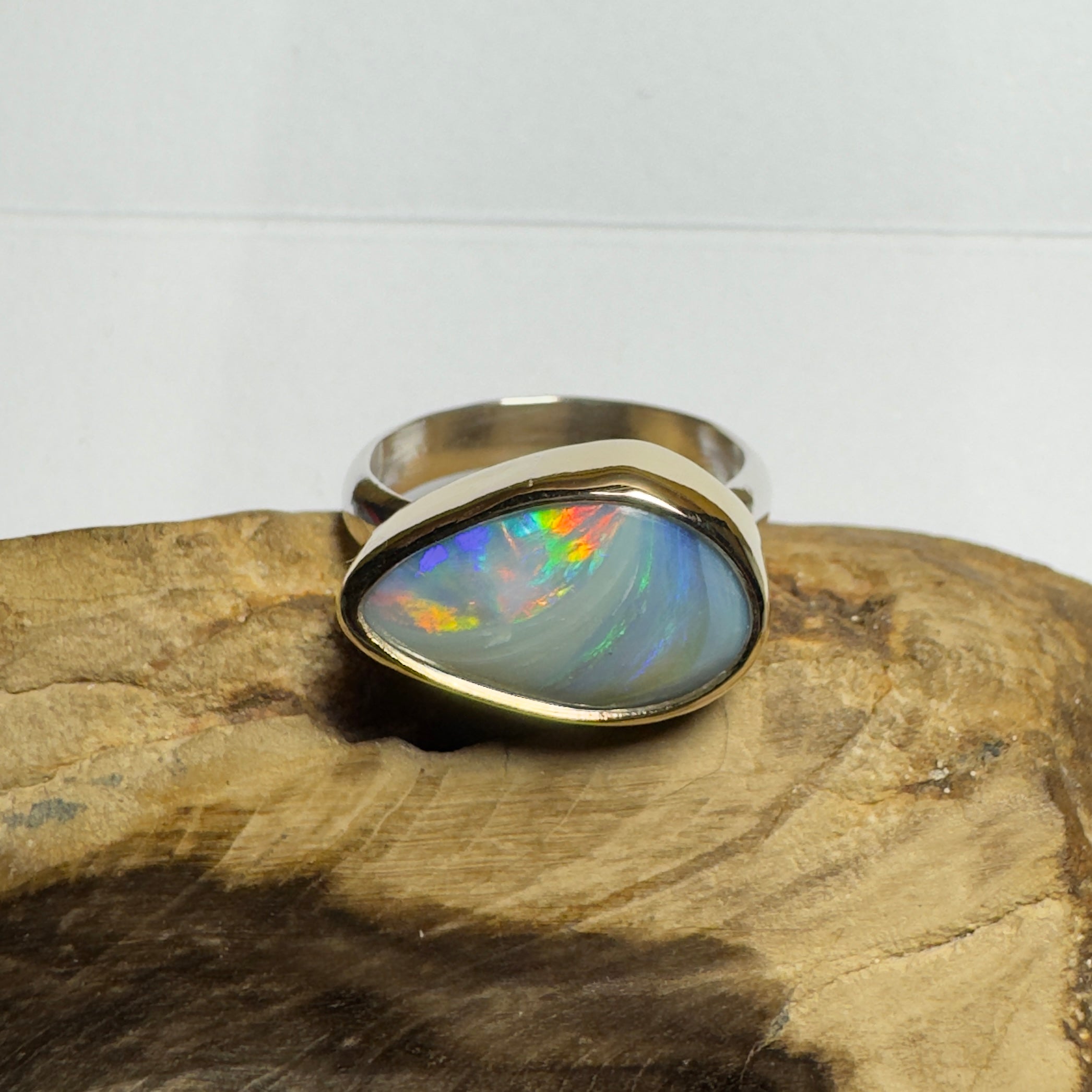 2.8ct Lightning Ridge Semi Black Opal Ring ~ 'Grampians Peak' | Two-Tone 9ct Gold & 925 Sterling Silver | Solid Australian Opal