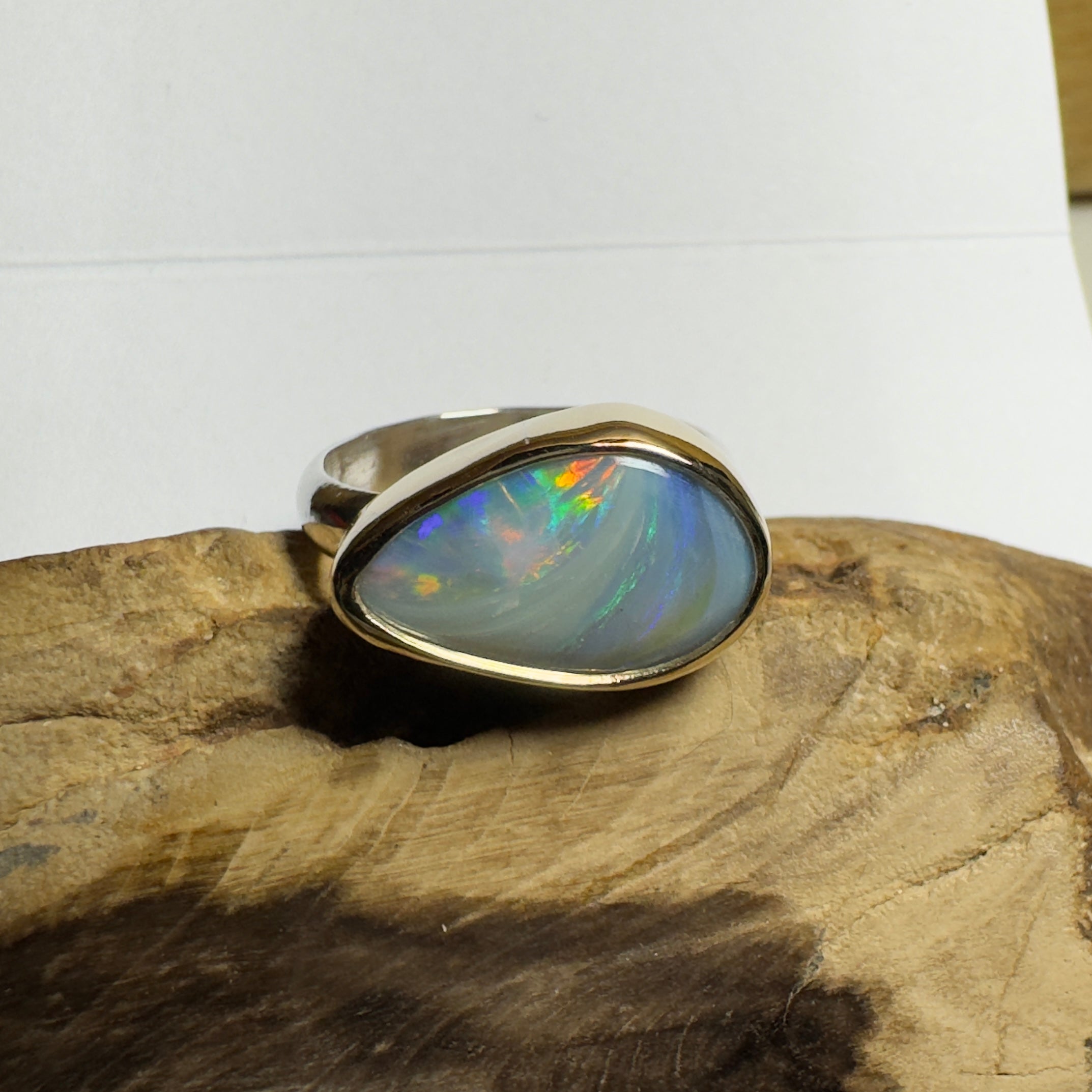 2.8ct Lightning Ridge Semi Black Opal Ring ~ 'Grampians Peak' | Two-Tone 9ct Gold & 925 Sterling Silver | Solid Australian Opal