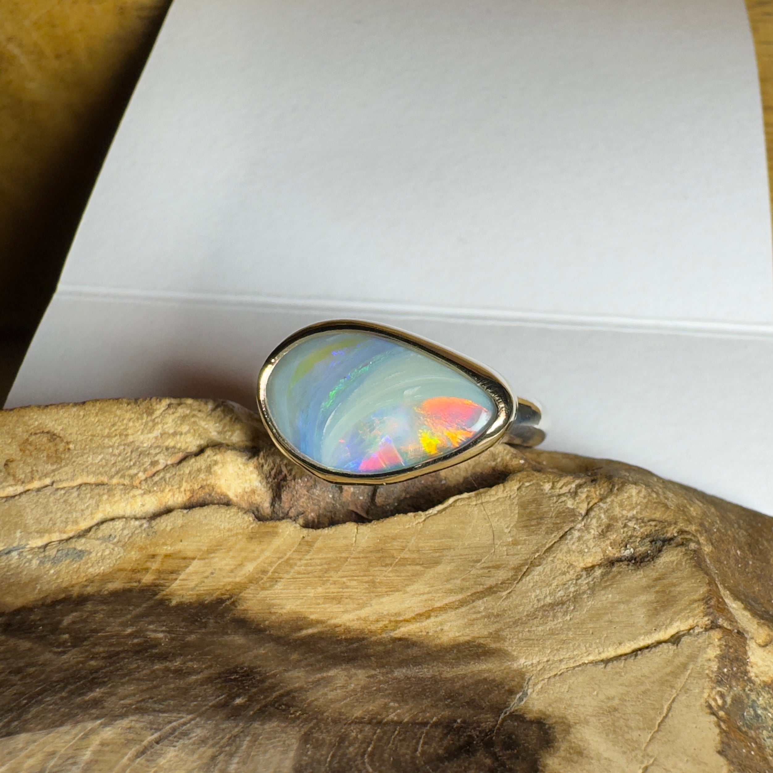 2.8ct Lightning Ridge Semi Black Opal Ring ~ 'Grampians Peak' | Two-Tone 9ct Gold & 925 Sterling Silver | Solid Australian Opal