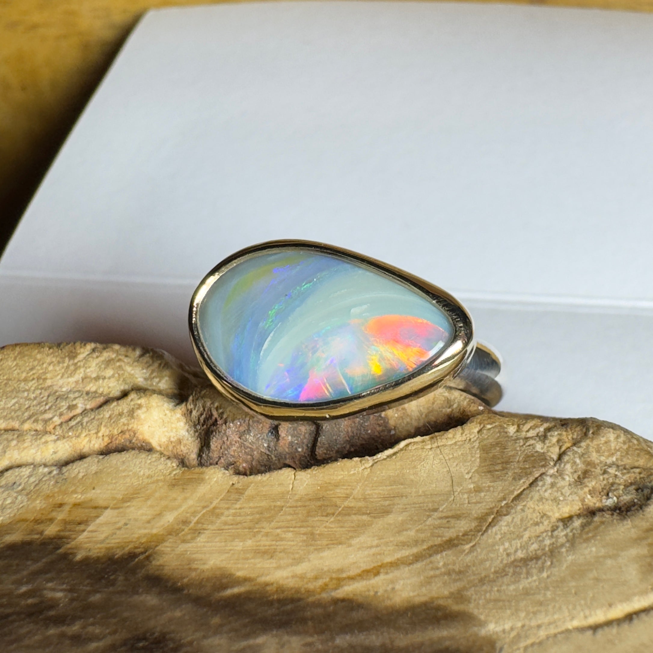 2.8ct Lightning Ridge Semi Black Opal Ring ~ 'Grampians Peak' | Two-Tone 9ct Gold & 925 Sterling Silver | Solid Australian Opal