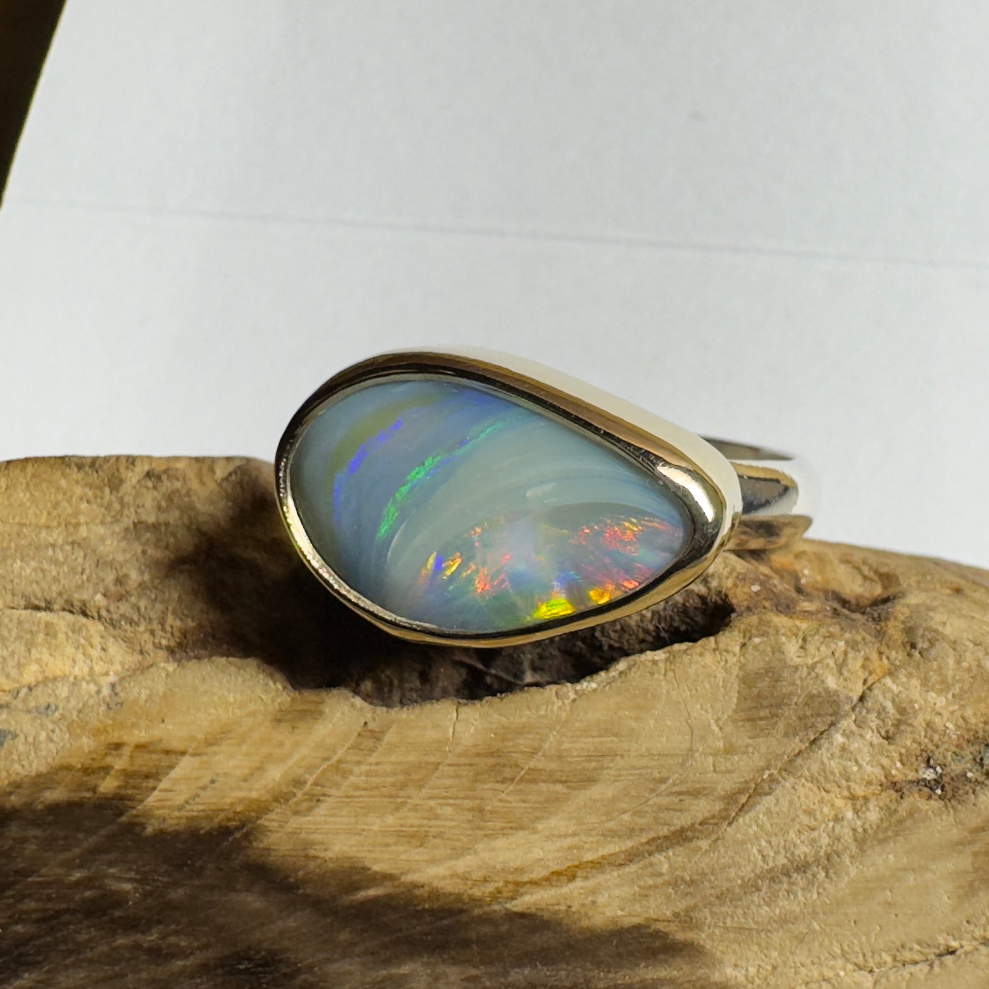 2.8ct Lightning Ridge Semi Black Opal Ring ~ 'Grampians Peak' | Two-Tone 9ct Gold & 925 Sterling Silver | Solid Australian Opal