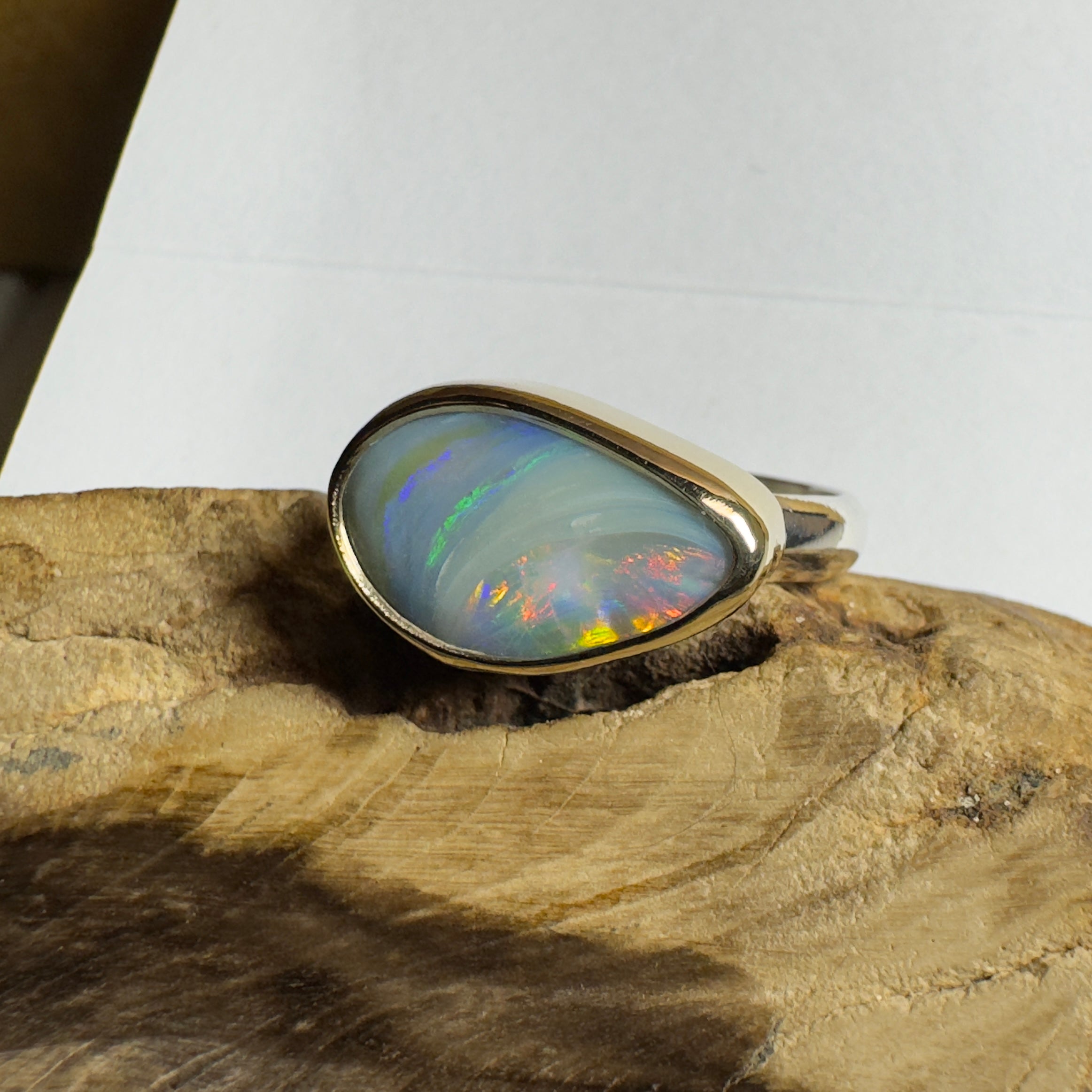2.8ct Lightning Ridge Semi Black Opal Ring ~ 'Grampians Peak' | Two-Tone 9ct Gold & 925 Sterling Silver | Solid Australian Opal