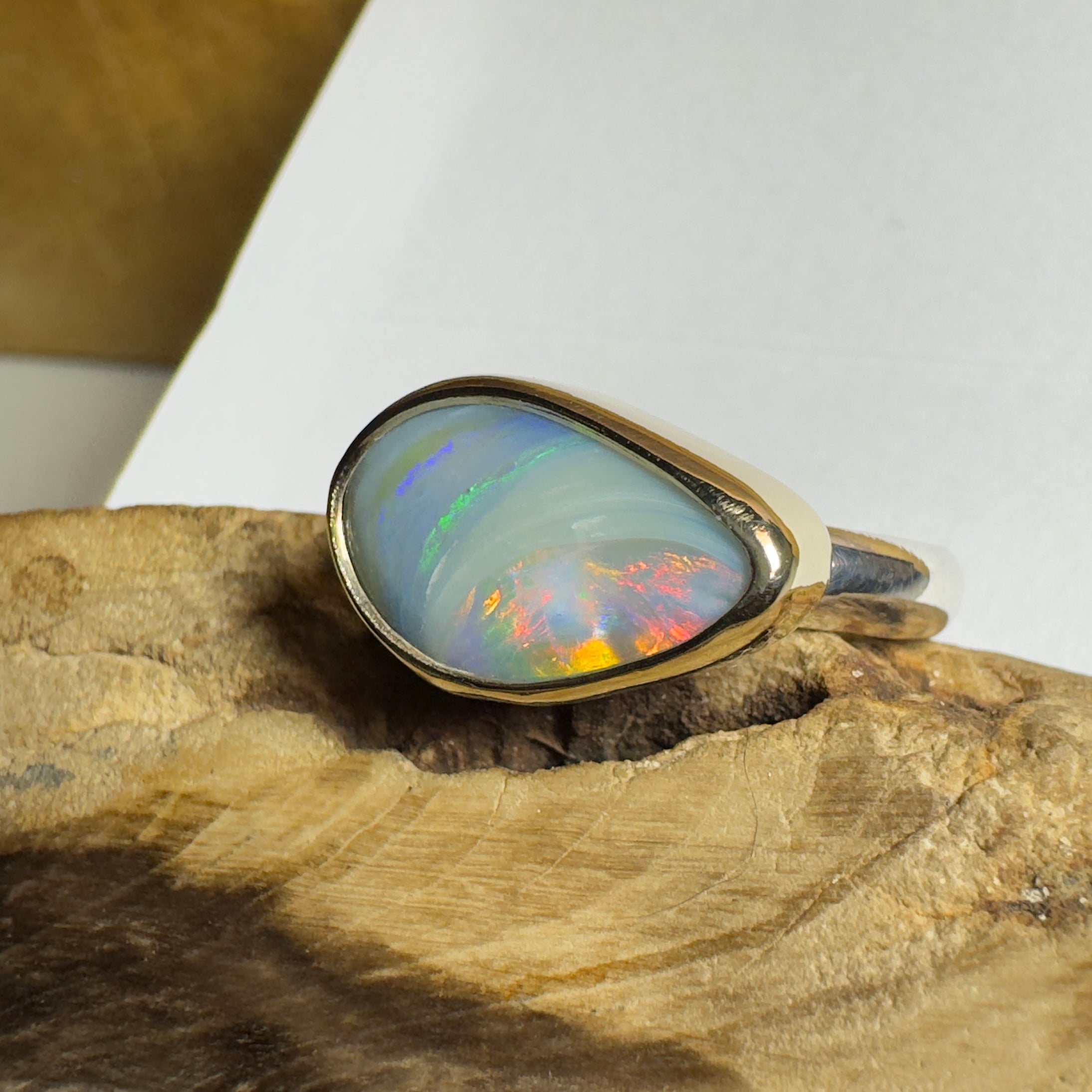 2.8ct Lightning Ridge Semi Black Opal Ring ~ 'Grampians Peak' | Two-Tone 9ct Gold & 925 Sterling Silver | Solid Australian Opal