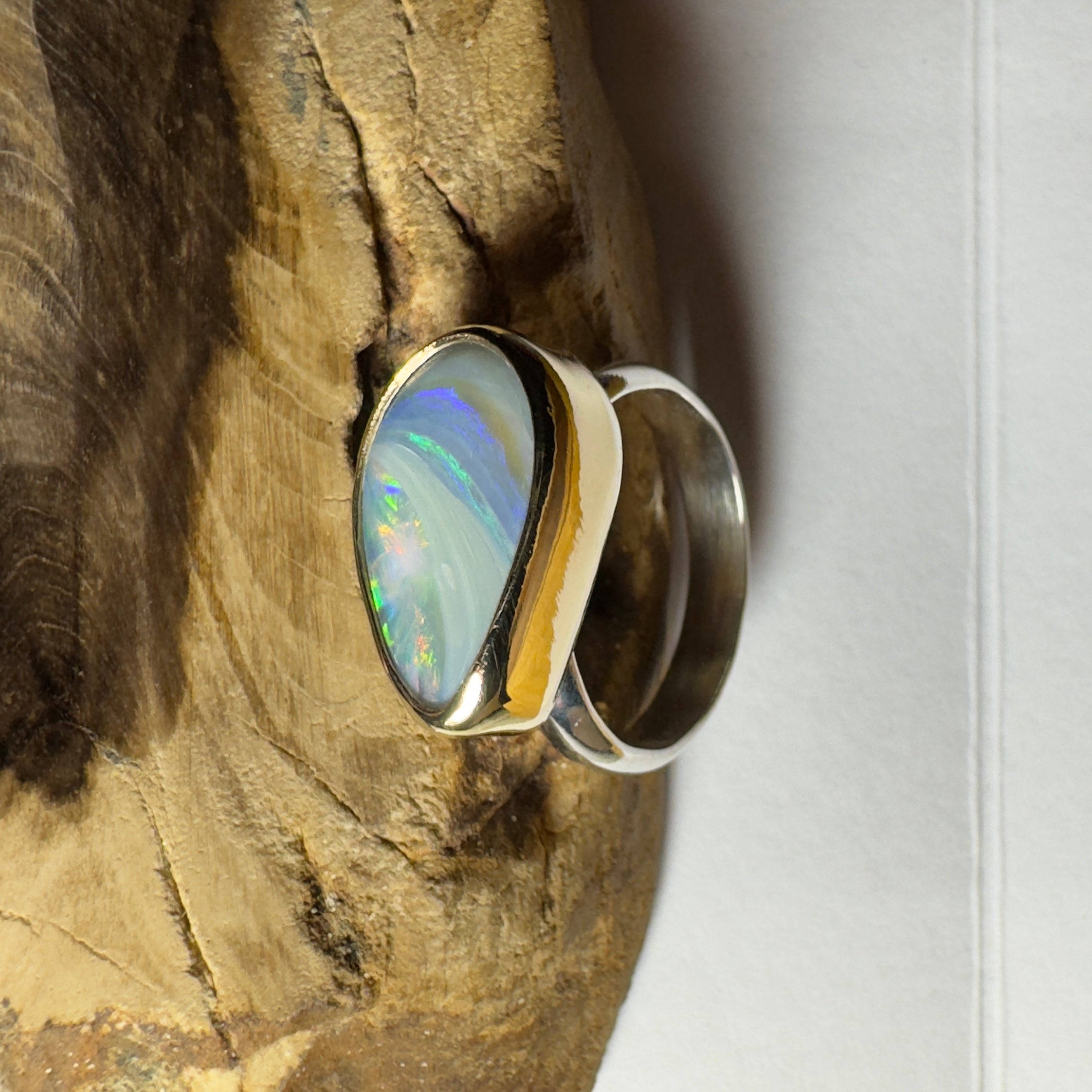 2.8ct Lightning Ridge Semi Black Opal Ring ~ 'Grampians Peak' | Two-Tone 9ct Gold & 925 Sterling Silver | Solid Australian Opal