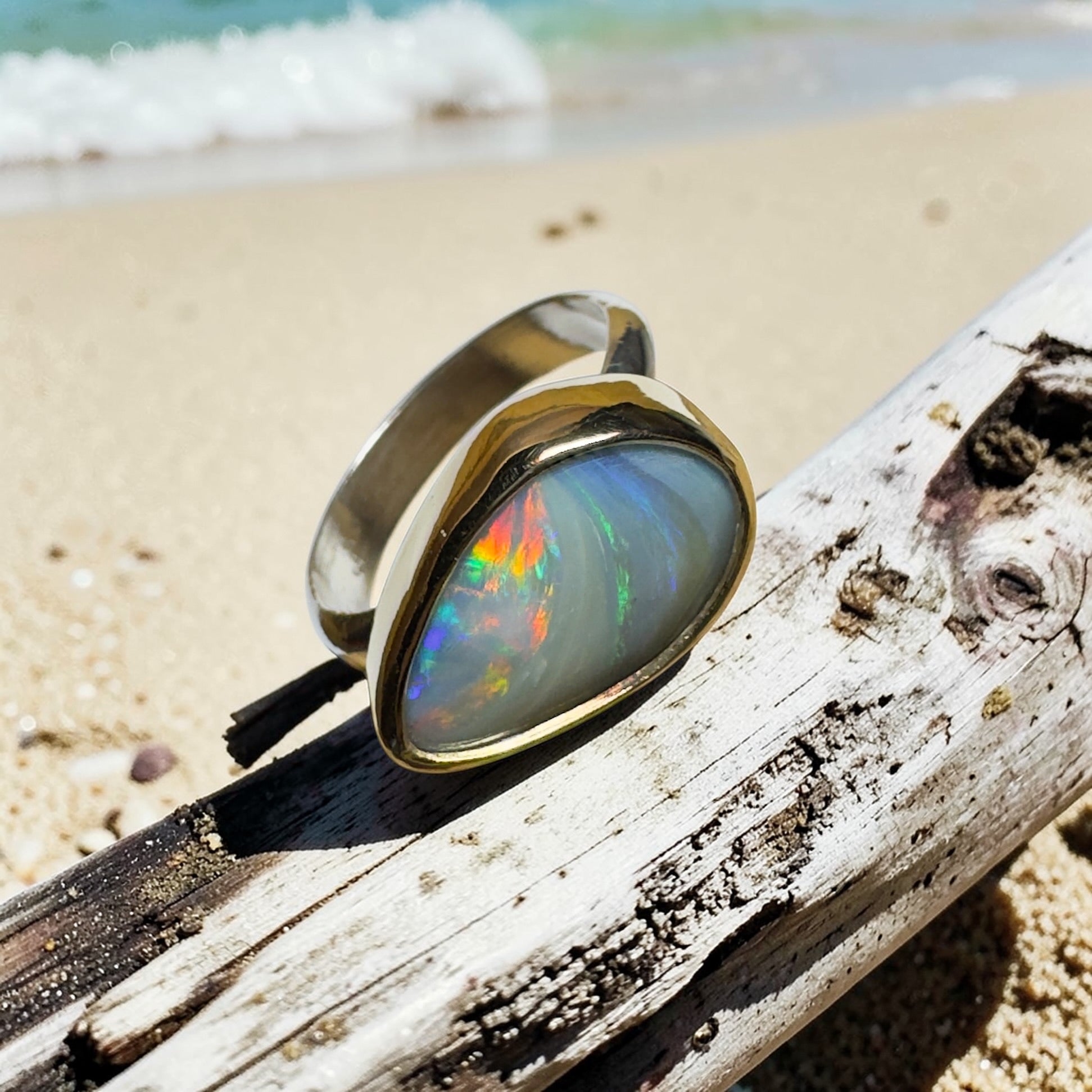 2.8ct Lightning Ridge Semi Black Opal Ring ~ 'Grampians Peak' | Two-Tone 9ct Gold & 925 Sterling Silver | Solid Australian Opal