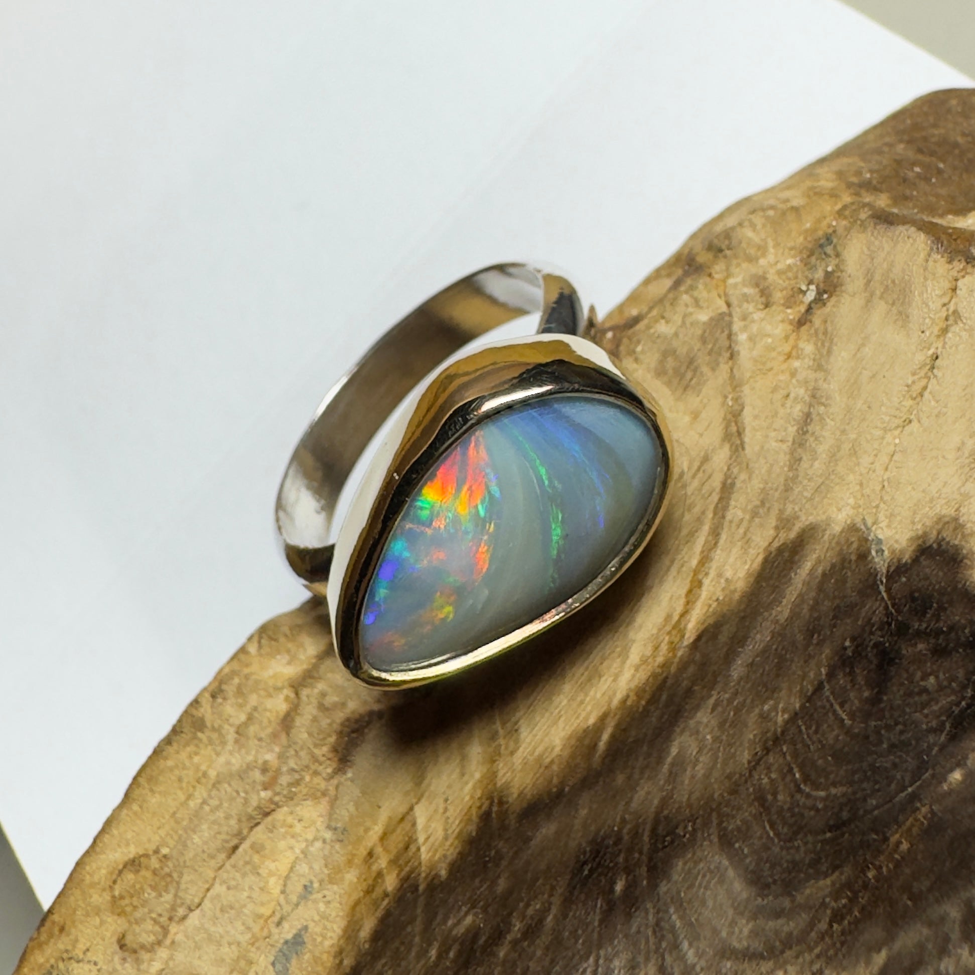 2.8ct Lightning Ridge Semi Black Opal Ring ~ 'Grampians Peak' | Two-Tone 9ct Gold & 925 Sterling Silver | Solid Australian Opal