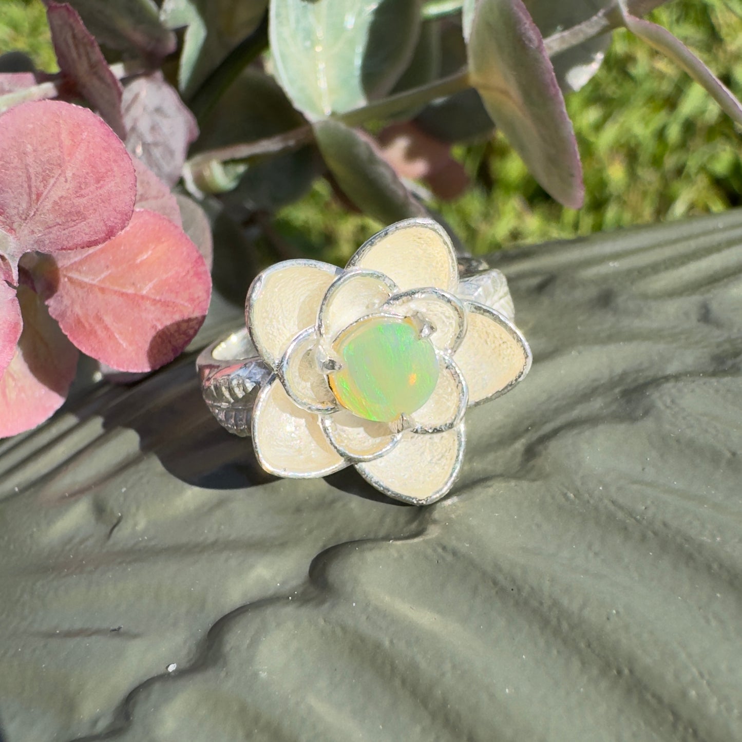 'Flowers Bloom' ~ Handcrafted 0.8ct Solid Lightning Ridge Opal Sterling Silver Ring Size M (6.5)