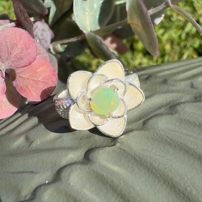 'Flowers Bloom' ~ Handcrafted 0.8ct Solid Lightning Ridge Opal Sterling Silver Ring Size M (6.5)