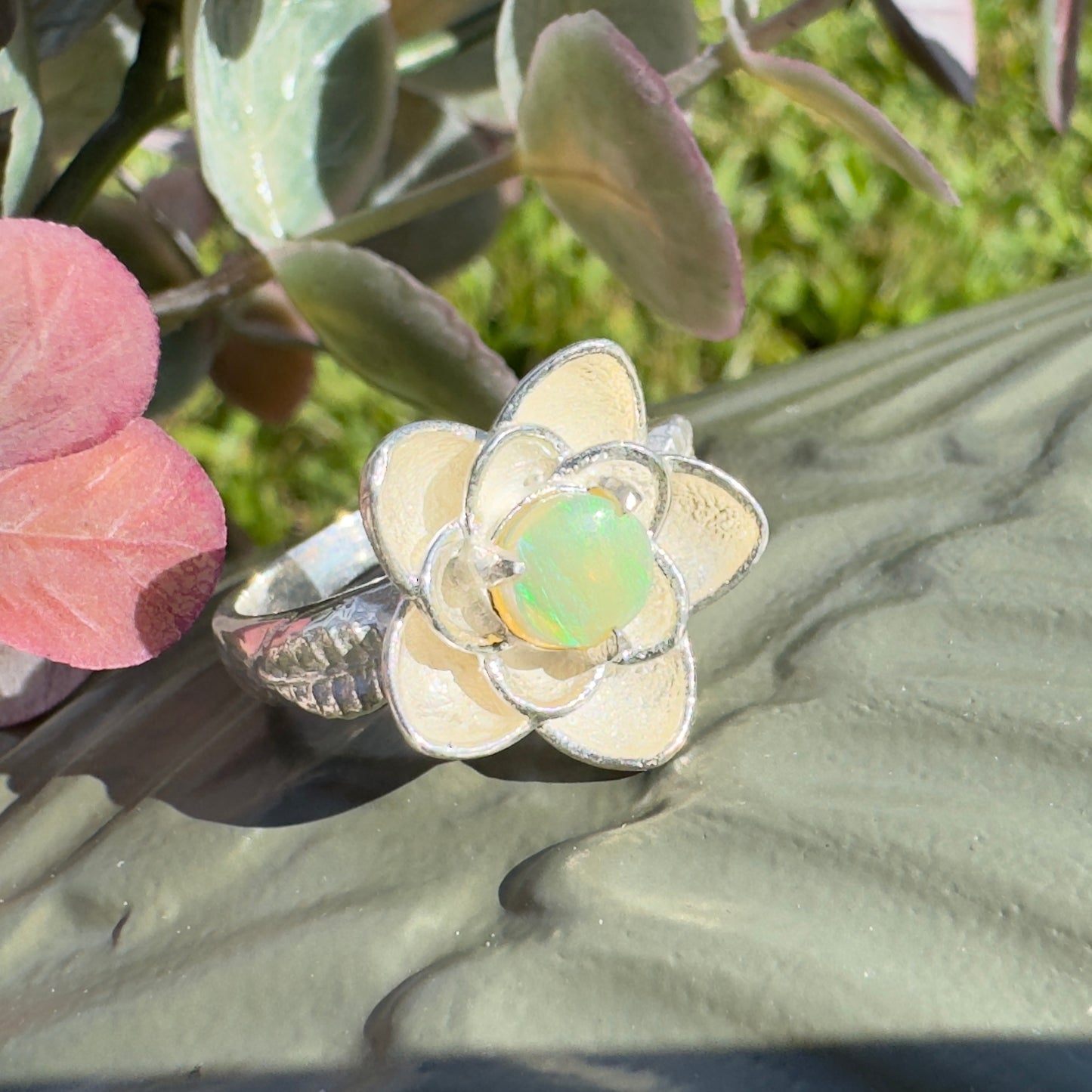 'Flowers Bloom' ~ Handcrafted 0.8ct Solid Lightning Ridge Opal Sterling Silver Ring Size M (6.5)