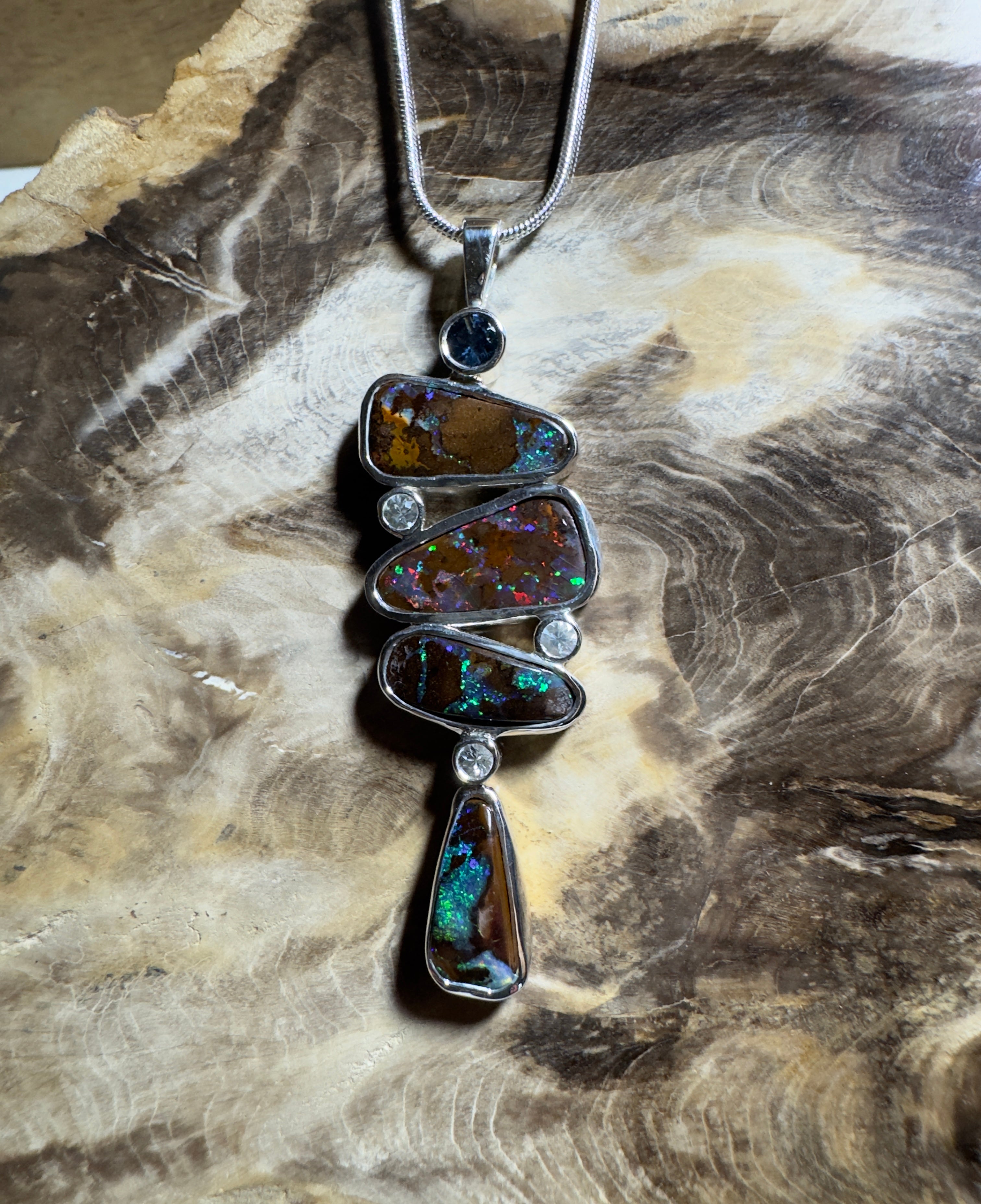 12ct Queensland Boulder Opal Pendant Necklace with 0.6ct & 0.2ct Queensland Sapphire ~ 'Great Barrier Reef Grandeur' | 925 Sterling Silver | Solid Australian Opal