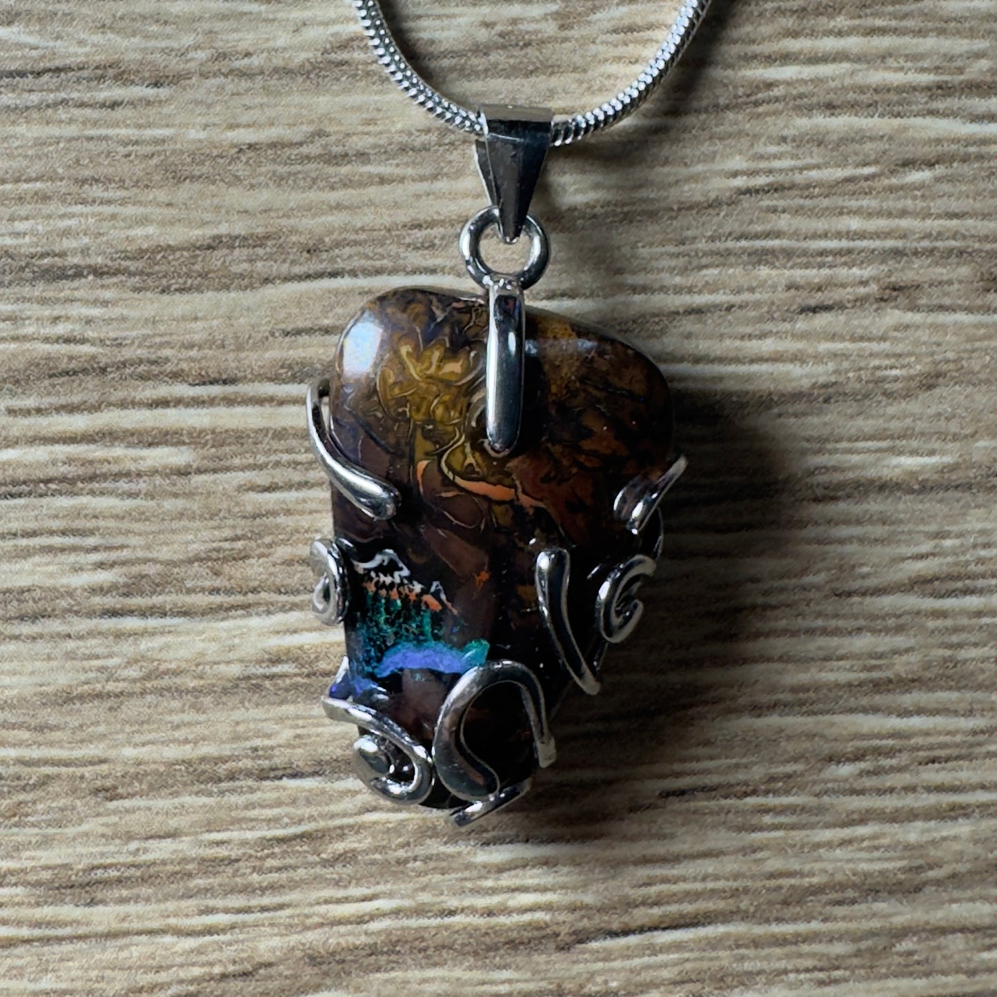 'Coastal Colours' ~ Handcrafted 24ct Solid Queensland Boulder Opal Sterling Silver Pendant Necklace