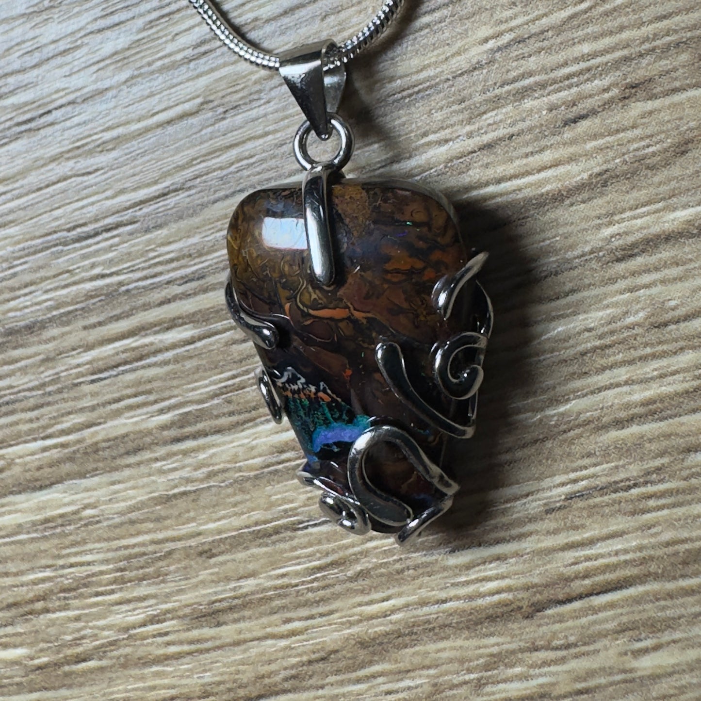 'Coastal Colours' ~ Handcrafted 24ct Solid Queensland Boulder Opal Sterling Silver Pendant Necklace