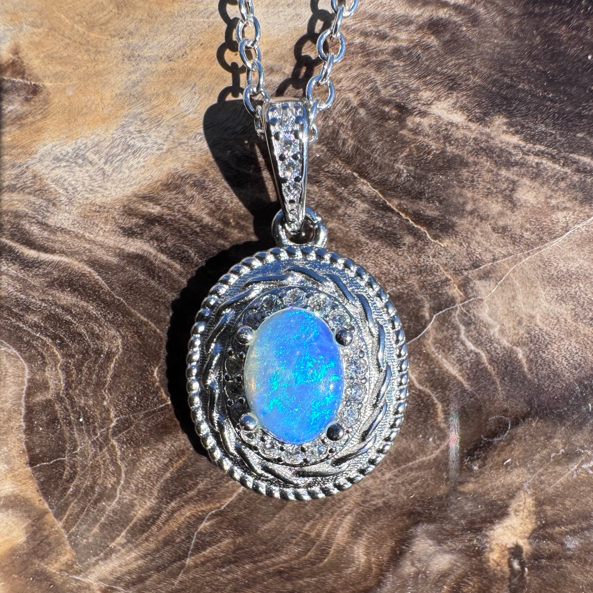 0.5ct Coober Pedy Opal & Cubic Zirconia Pendant Necklace ~ 'Yalgorup Blue' | 925 Sterling Silver | Solid Australian Opal