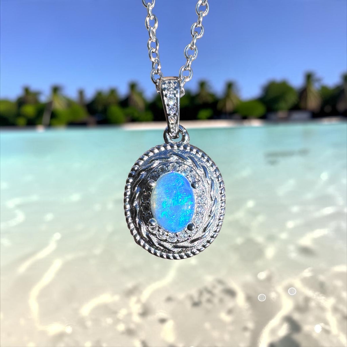 0.5ct Coober Pedy Opal & Cubic Zirconia Pendant Necklace ~ 'Yalgorup Blue' | 925 Sterling Silver | Solid Australian Opal