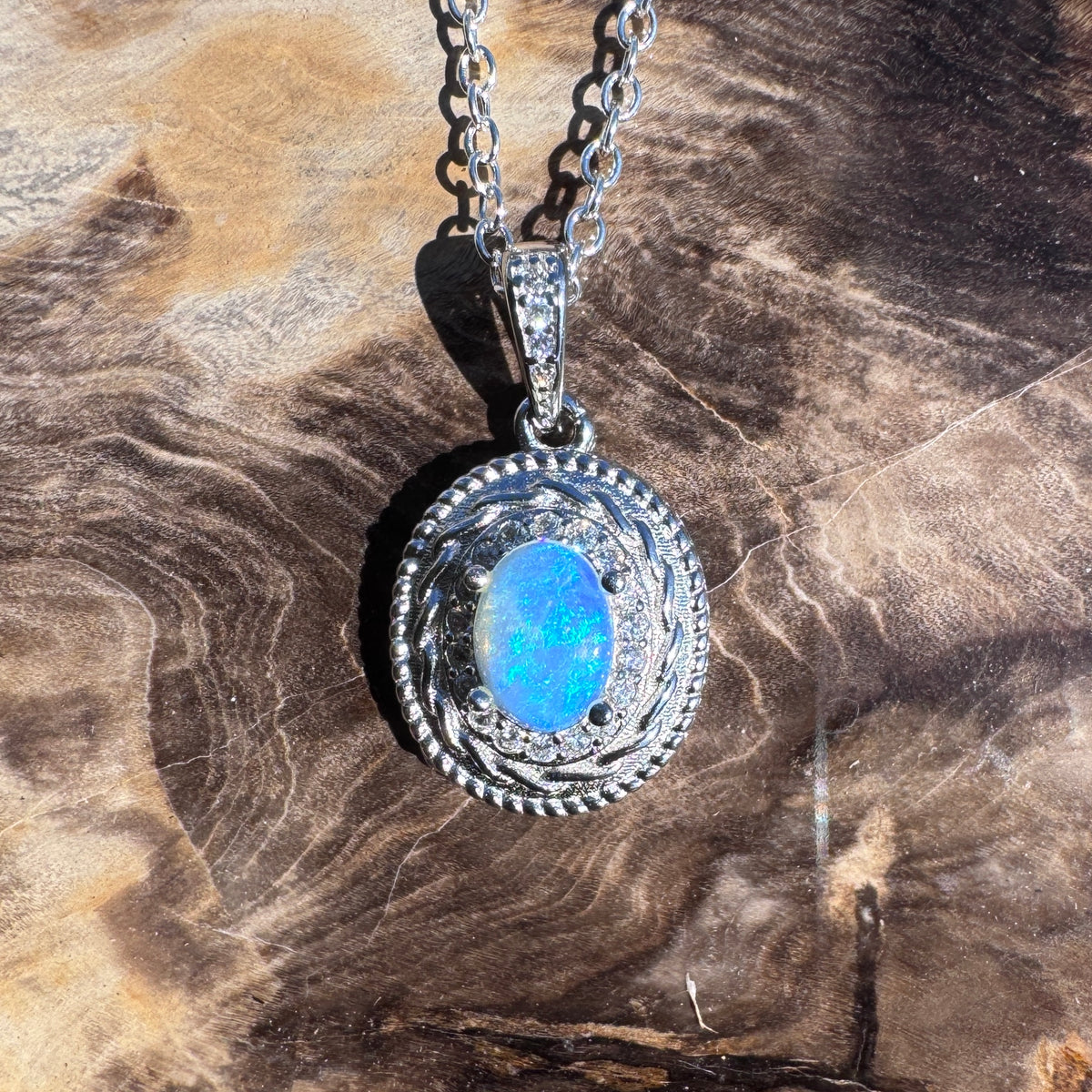 0.5ct Coober Pedy Opal & Cubic Zirconia Pendant Necklace ~ 'Yalgorup Blue' | 925 Sterling Silver | Solid Australian Opal