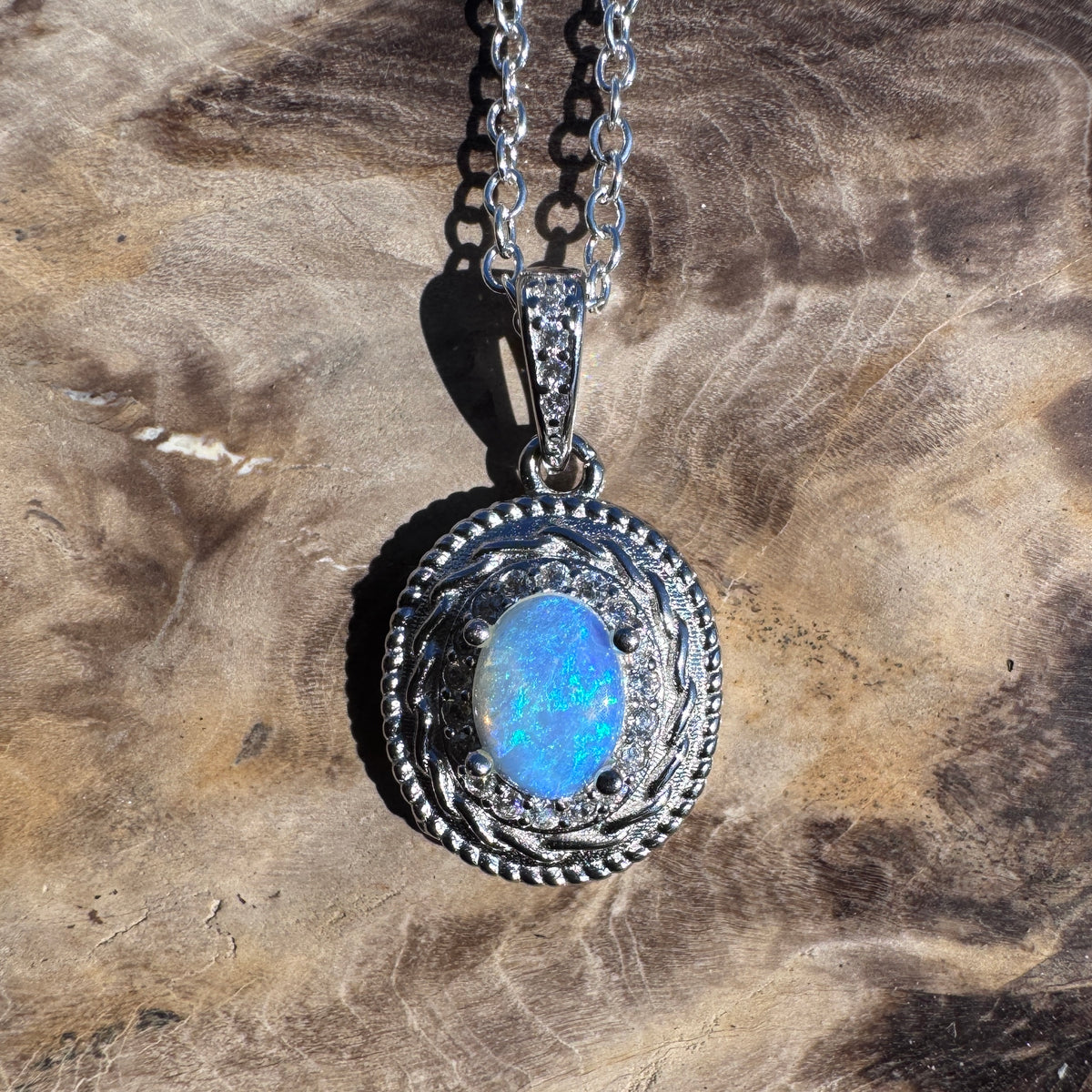 0.5ct Coober Pedy Opal & Cubic Zirconia Pendant Necklace ~ 'Yalgorup Blue' | 925 Sterling Silver | Solid Australian Opal