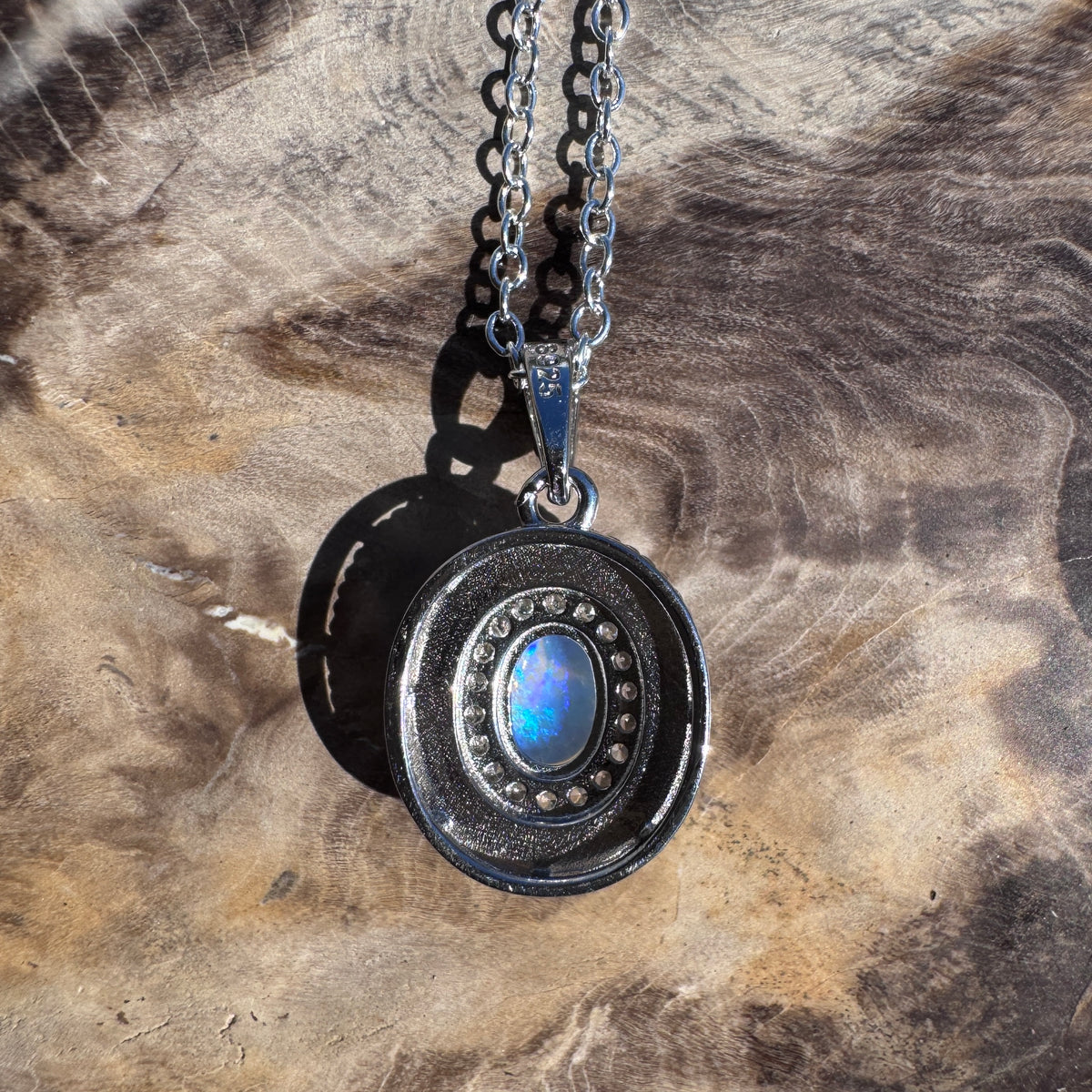 0.5ct Coober Pedy Opal & Cubic Zirconia Pendant Necklace ~ 'Yalgorup Blue' | 925 Sterling Silver | Solid Australian Opal