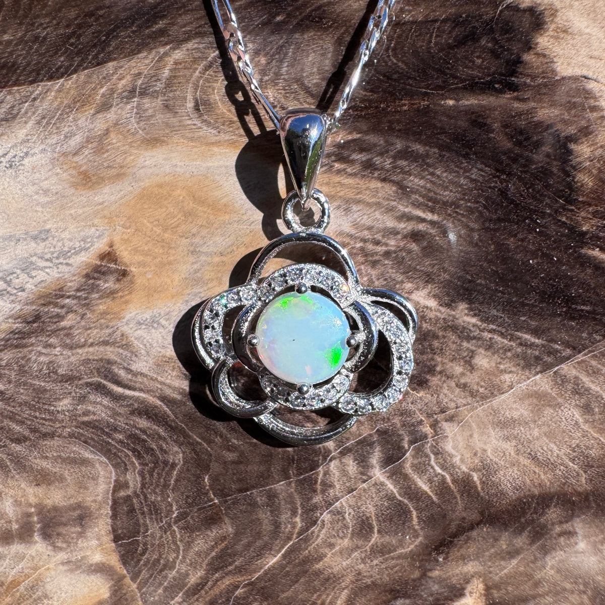 0.7ct Coober Pedy Opal & Cubic Zirconia Pendant Necklace ~ 'Lake Bennett Blue' | 925 Sterling Silver | Solid Australian Opal