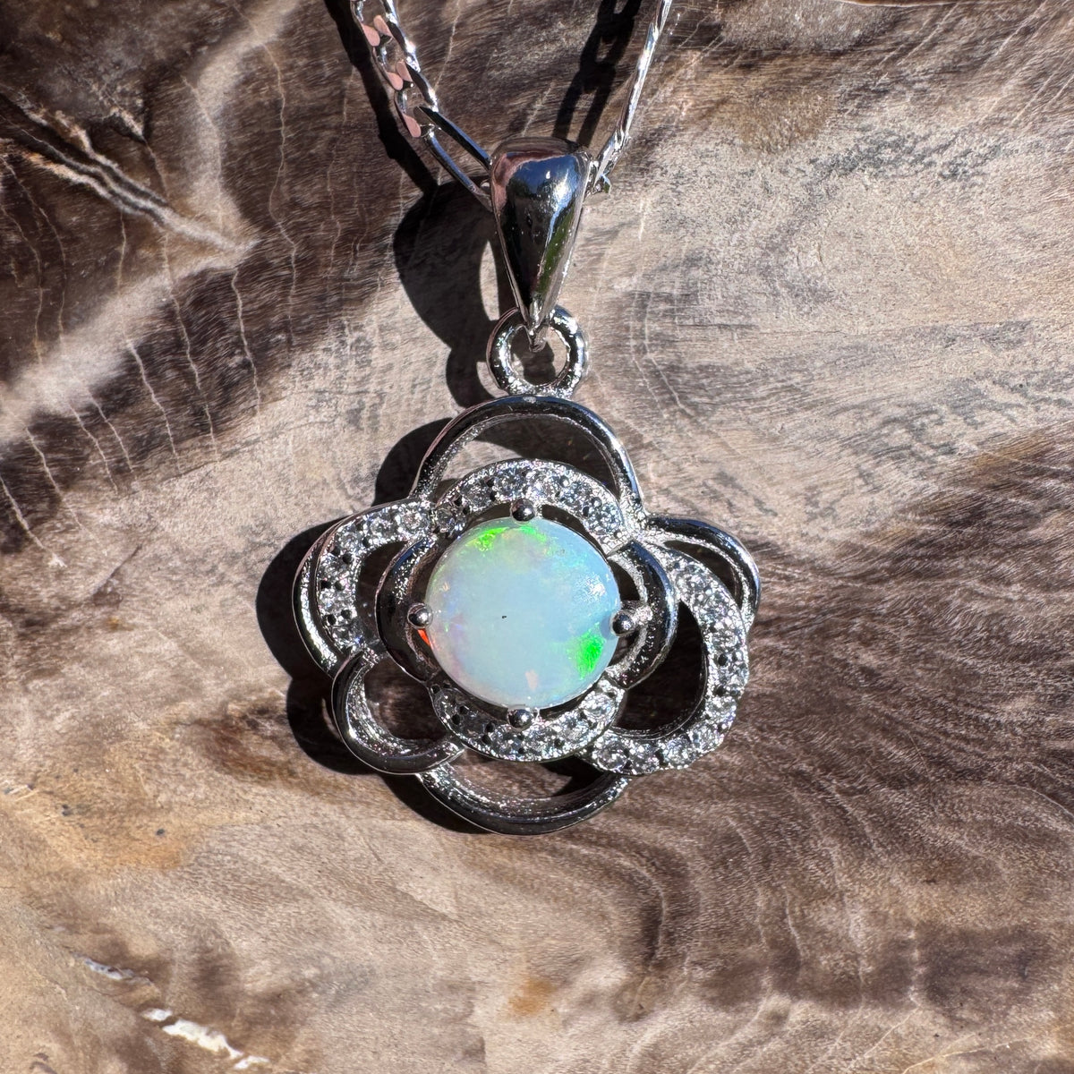 0.7ct Coober Pedy Opal & Cubic Zirconia Pendant Necklace ~ 'Lake Bennett Blue' | 925 Sterling Silver | Solid Australian Opal