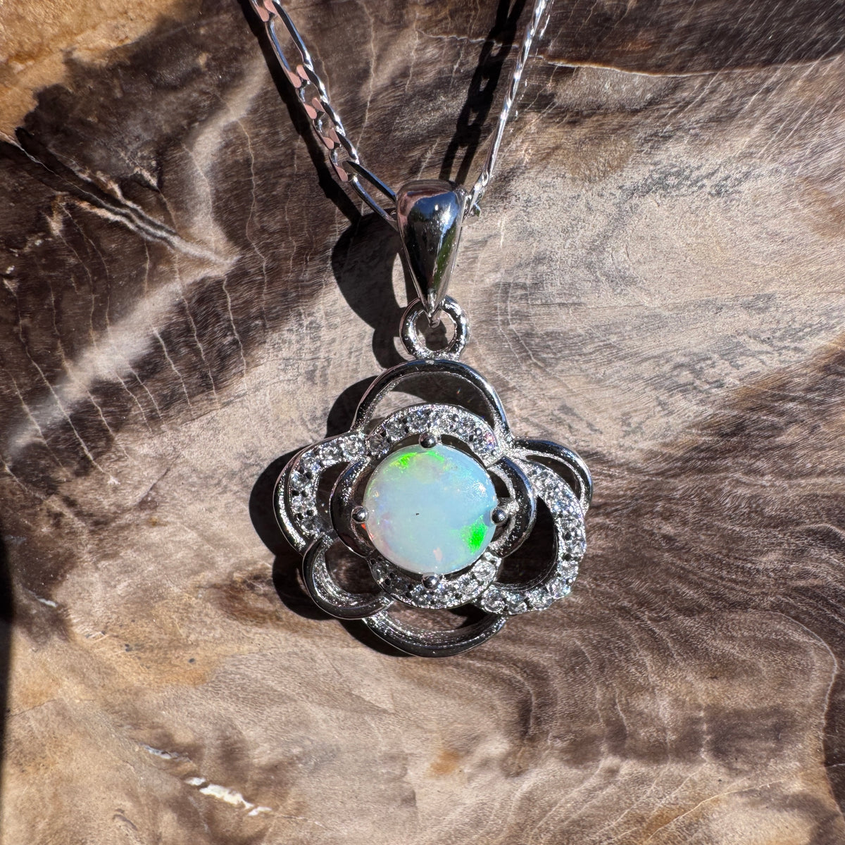 0.7ct Coober Pedy Opal & Cubic Zirconia Pendant Necklace ~ 'Lake Bennett Blue' | 925 Sterling Silver | Solid Australian Opal