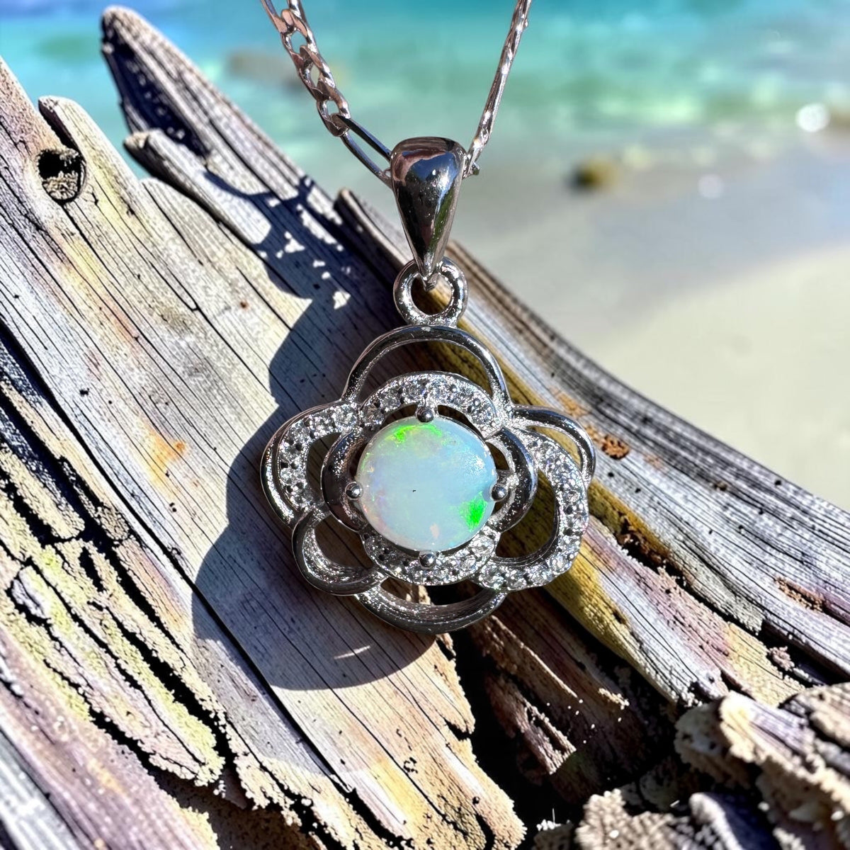 0.7ct Coober Pedy Opal & Cubic Zirconia Pendant Necklace ~ 'Lake Bennett Blue' | 925 Sterling Silver | Solid Australian Opal