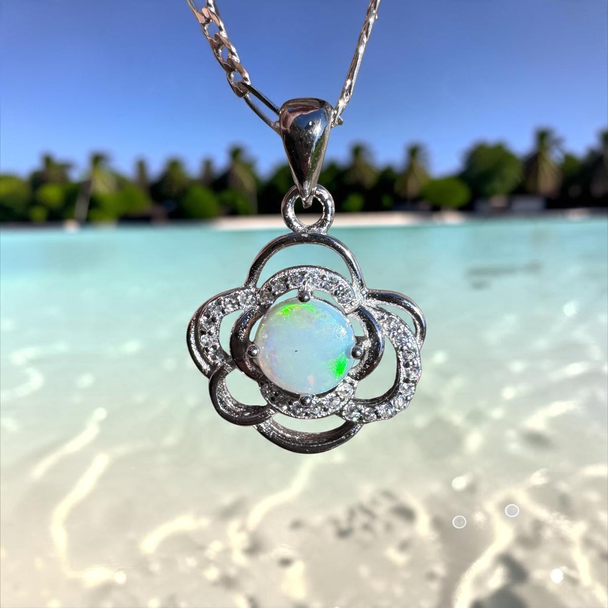 0.7ct Coober Pedy Opal & Cubic Zirconia Pendant Necklace ~ 'Lake Bennett Blue' | 925 Sterling Silver | Solid Australian Opal