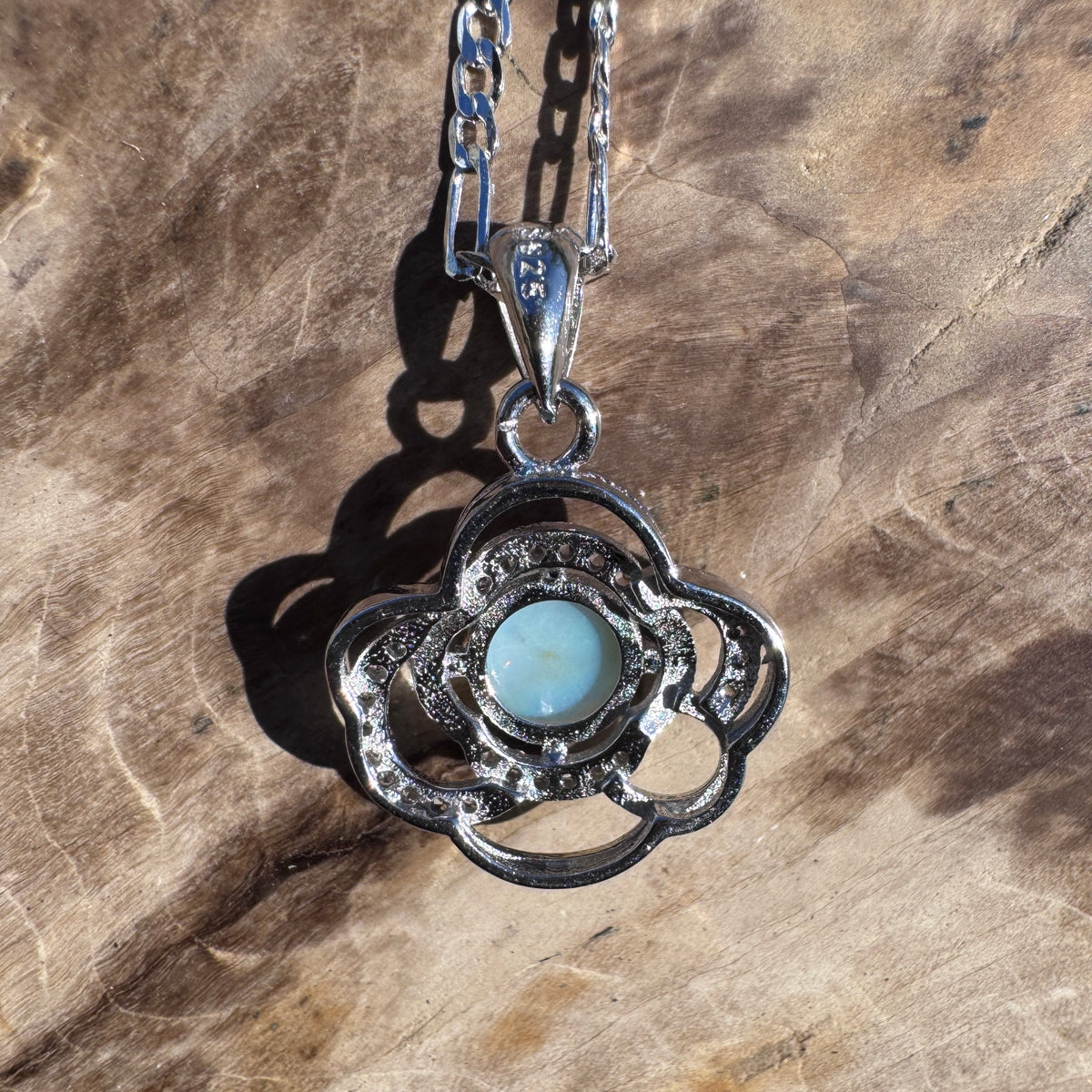 0.7ct Coober Pedy Opal & Cubic Zirconia Pendant Necklace ~ 'Lake Bennett Blue' | 925 Sterling Silver | Solid Australian Opal