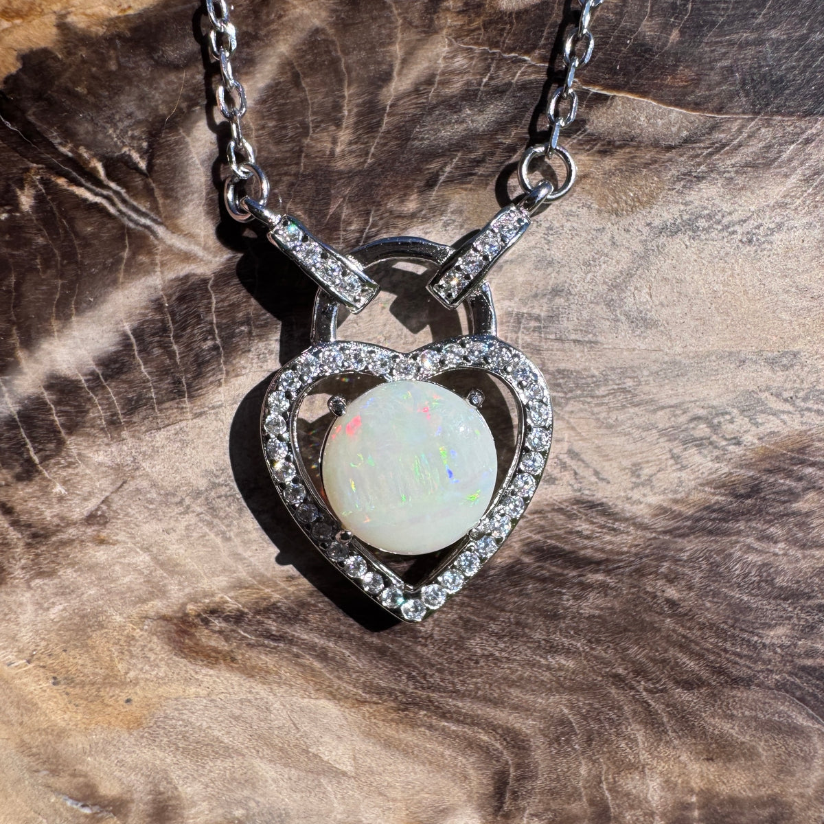 1.1ct Coober Pedy Opal & Cubic Zirconia Pendant Necklace ~ 'Lake Cave Glow' | 925 Sterling Silver | Solid Australian Opal