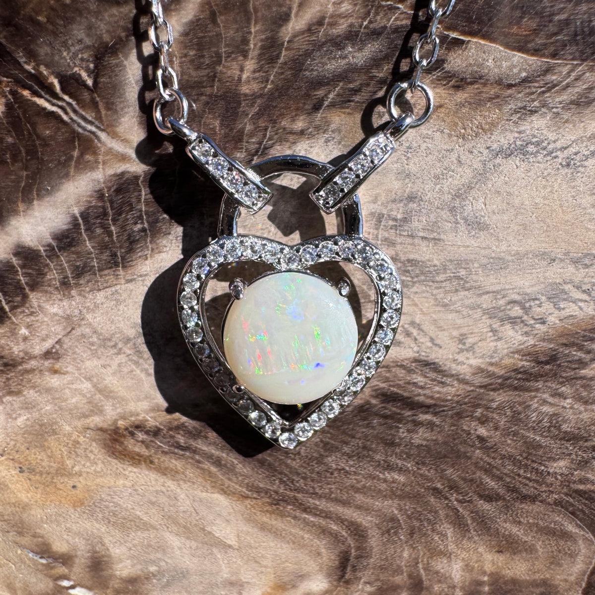 1.1ct Coober Pedy Opal & Cubic Zirconia Pendant Necklace ~ 'Lake Cave Glow' | 925 Sterling Silver | Solid Australian Opal