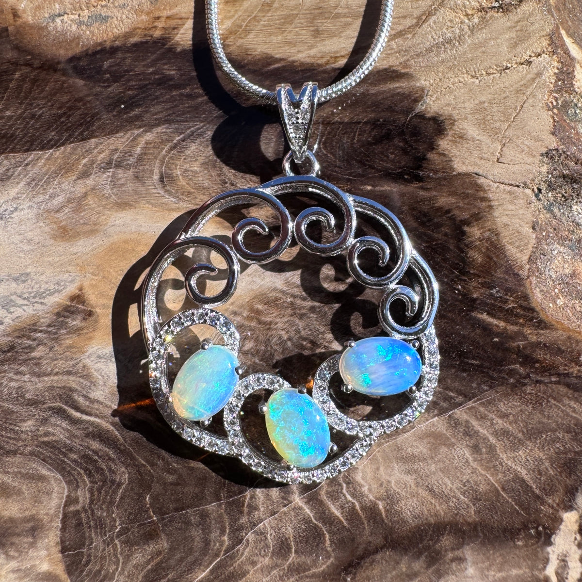 1.8ct Lightning Ridge Crystal Opal & Cubic Zirconia Trio Pendant Necklace ~ 'Granite Belt Trio' | 925 Sterling Silver | Solid Australian Opal